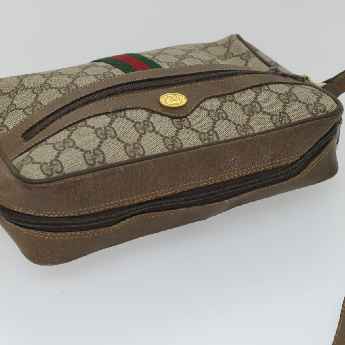 GUCCI GG Canvas Web Sherry Line Shoulder Bag PVC Leather Beige Green Auth 57258