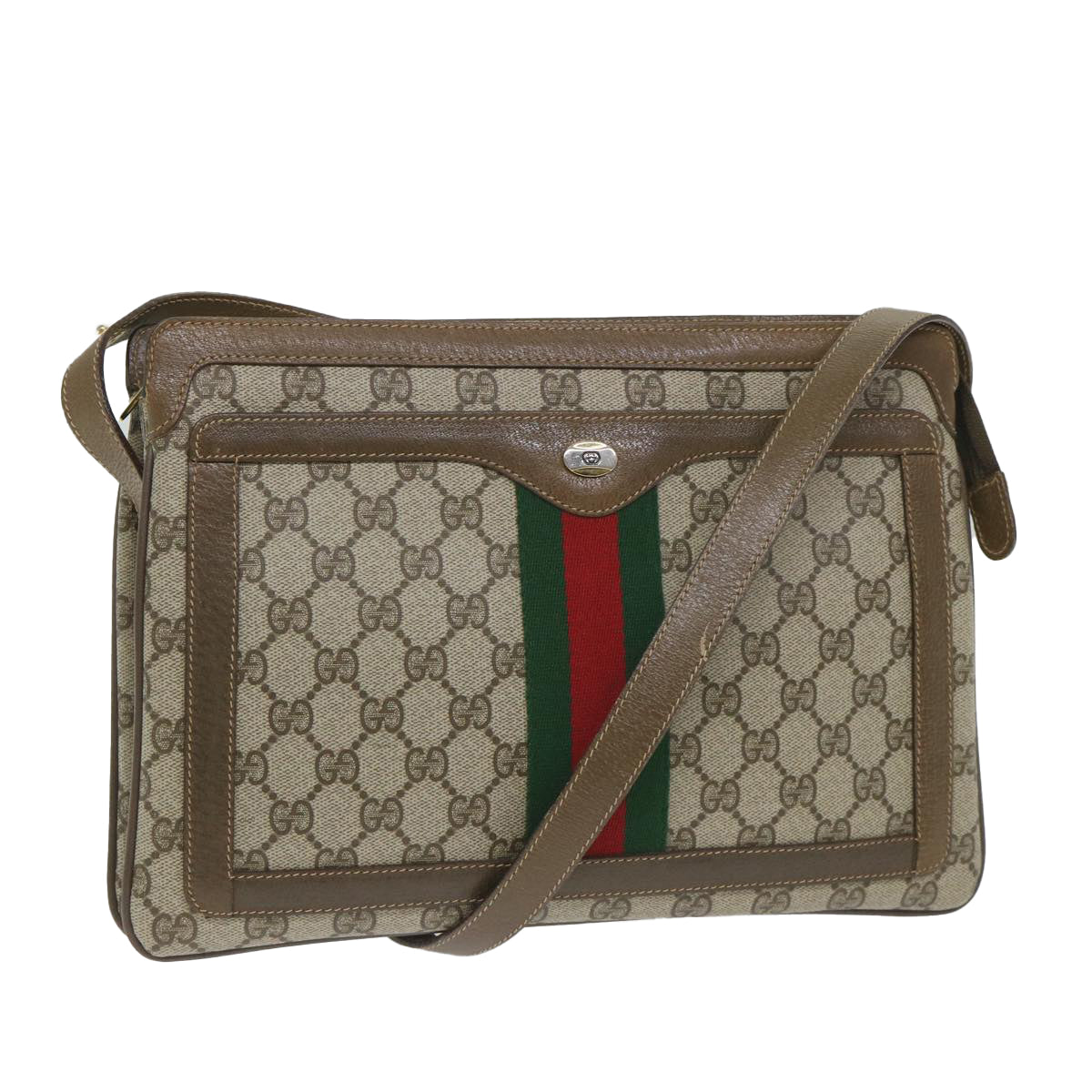 GUCCI GG Canvas Web Sherry Line Shoulder Bag PVC Leather Beige Green Auth 57265