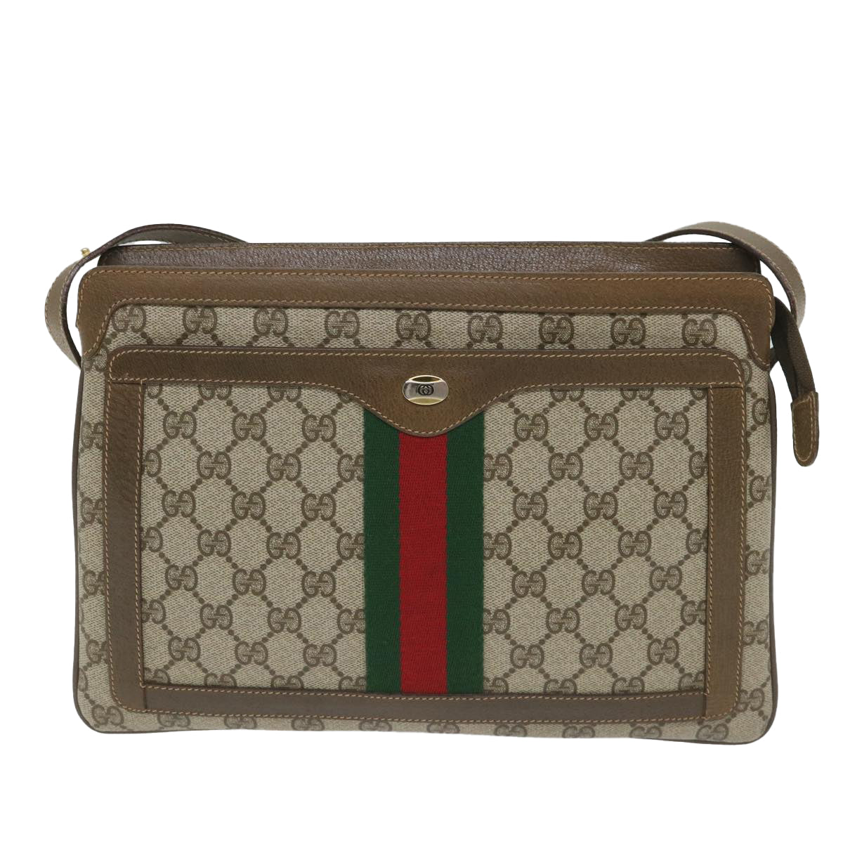 GUCCI GG Canvas Web Sherry Line Shoulder Bag PVC Leather Beige Green Auth 57265