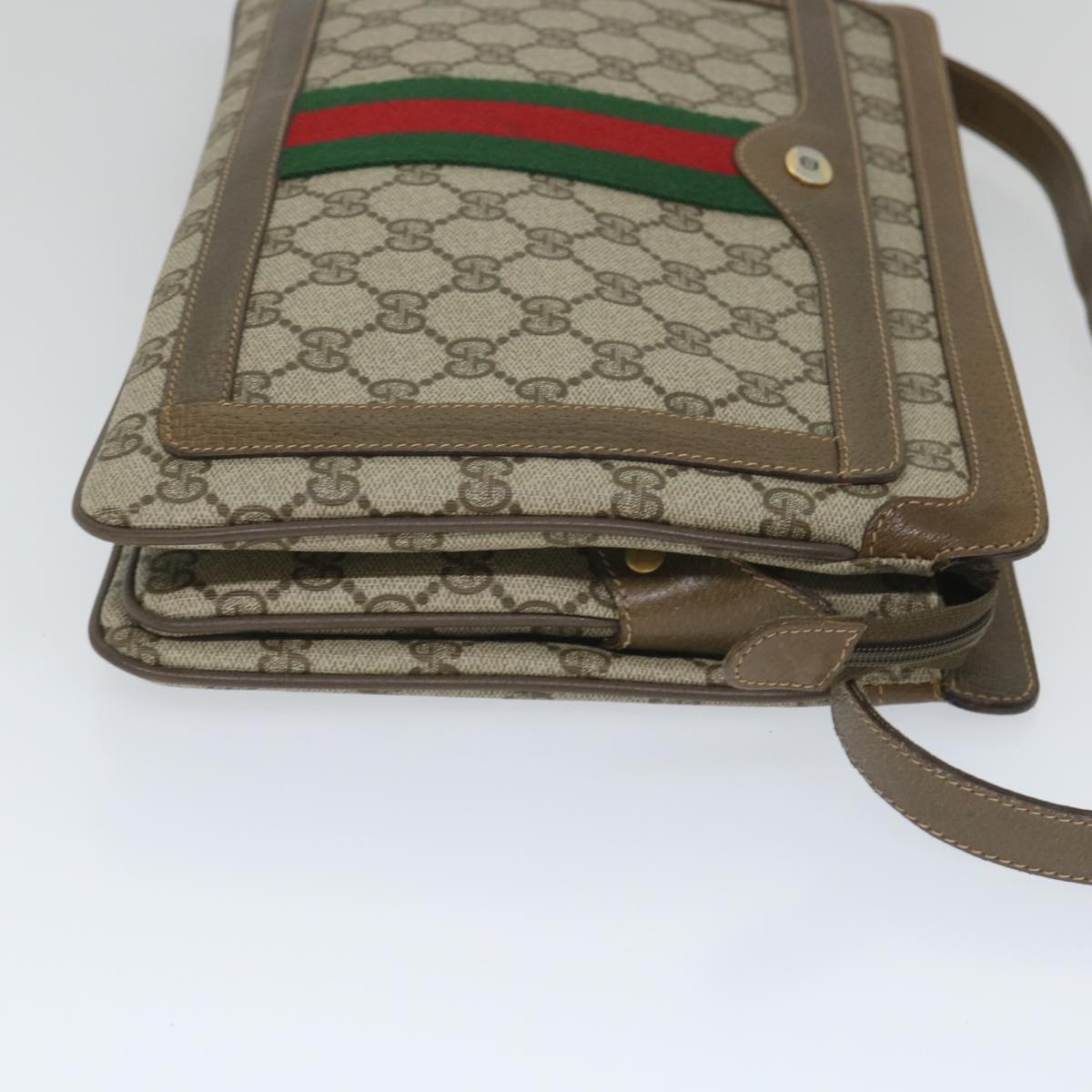 GUCCI GG Canvas Web Sherry Line Shoulder Bag PVC Leather Beige Green Auth 57265