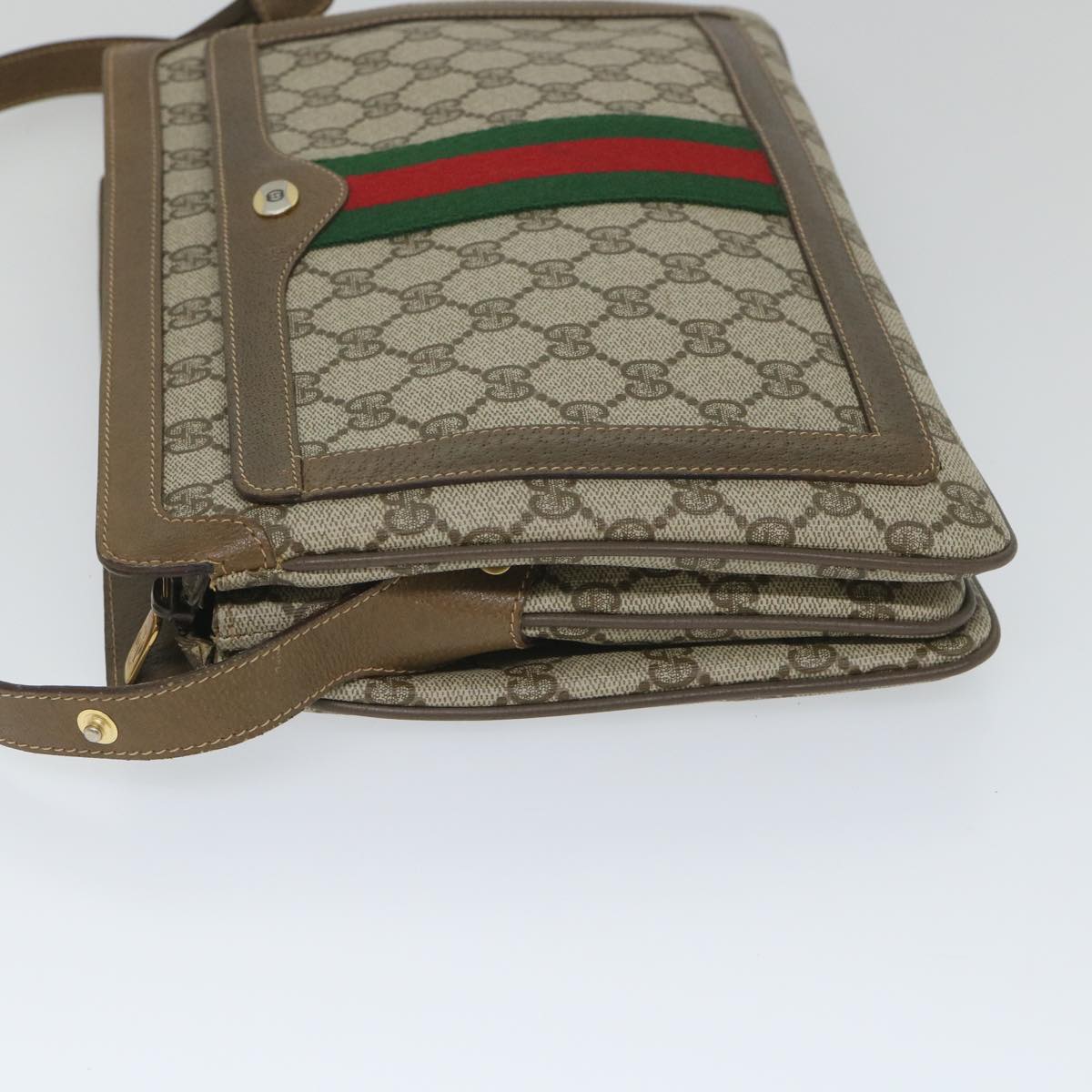 GUCCI GG Canvas Web Sherry Line Shoulder Bag PVC Leather Beige Green Auth 57265