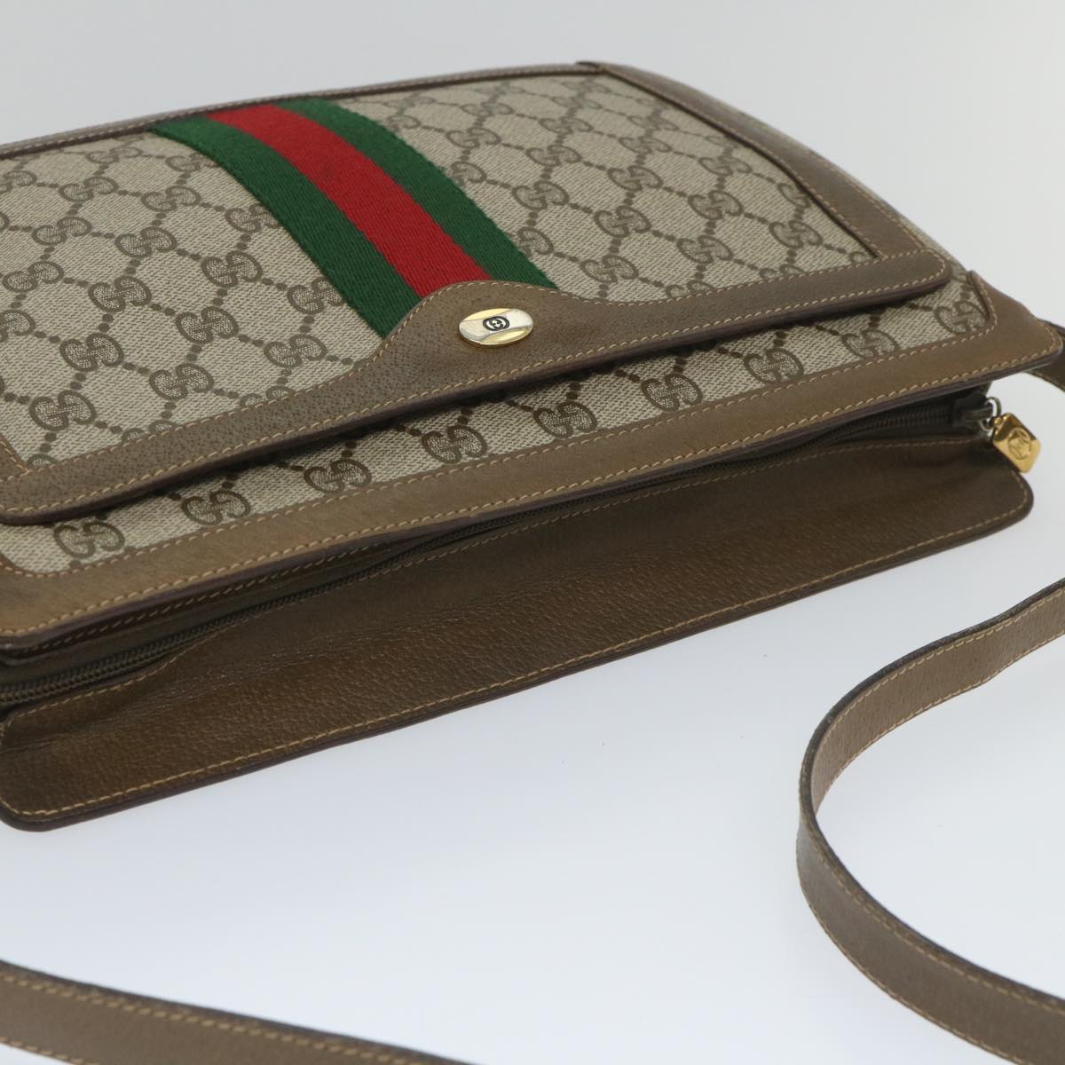 GUCCI GG Canvas Web Sherry Line Shoulder Bag PVC Leather Beige Green Auth 57265