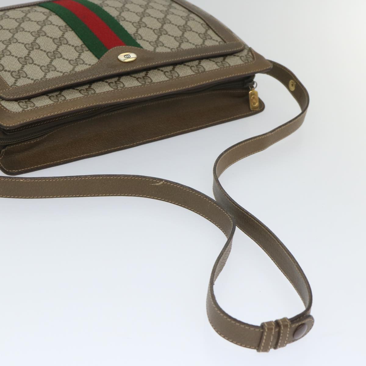 GUCCI GG Canvas Web Sherry Line Shoulder Bag PVC Leather Beige Green Auth 57265