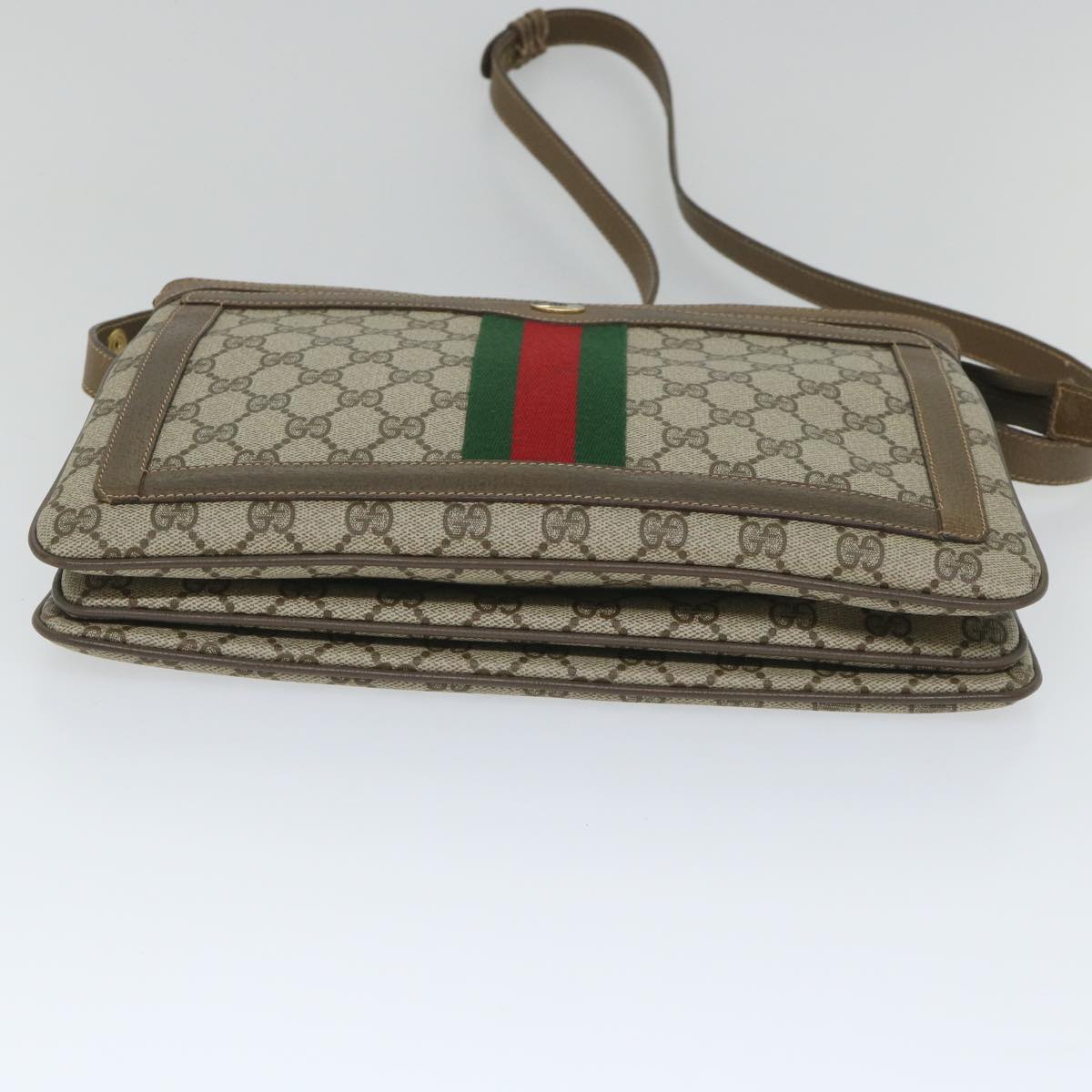 GUCCI GG Canvas Web Sherry Line Shoulder Bag PVC Leather Beige Green Auth 57265