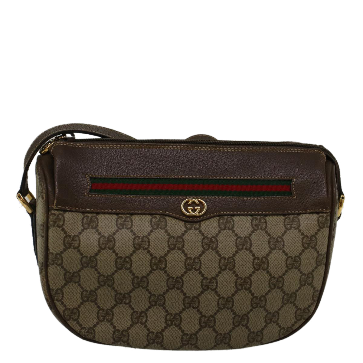 GUCCI GG Canvas Web Sherry Line Shoulder Bag PVC Leather Beige Green Auth 57284 - 0