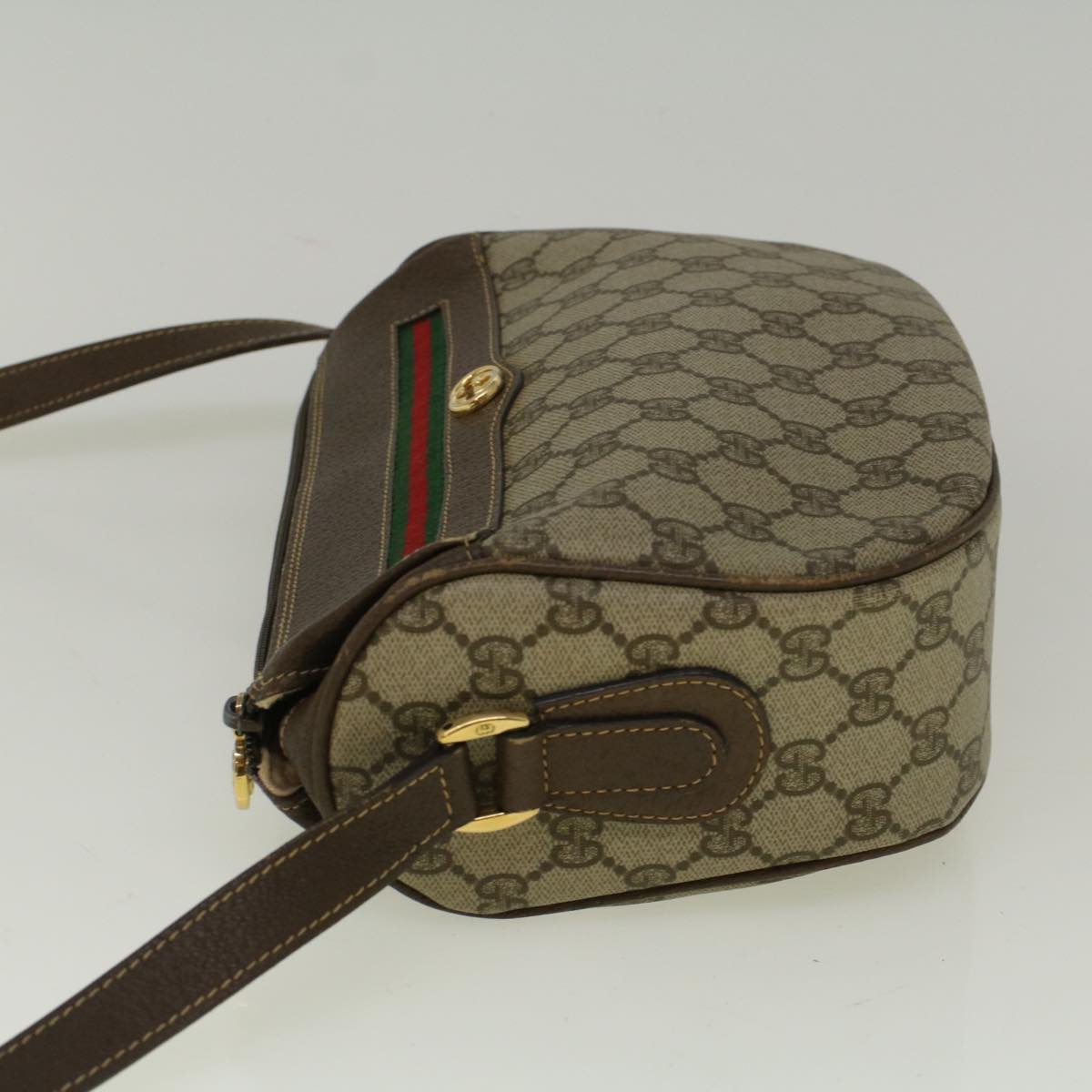 GUCCI GG Canvas Web Sherry Line Shoulder Bag PVC Leather Beige Green Auth 57284