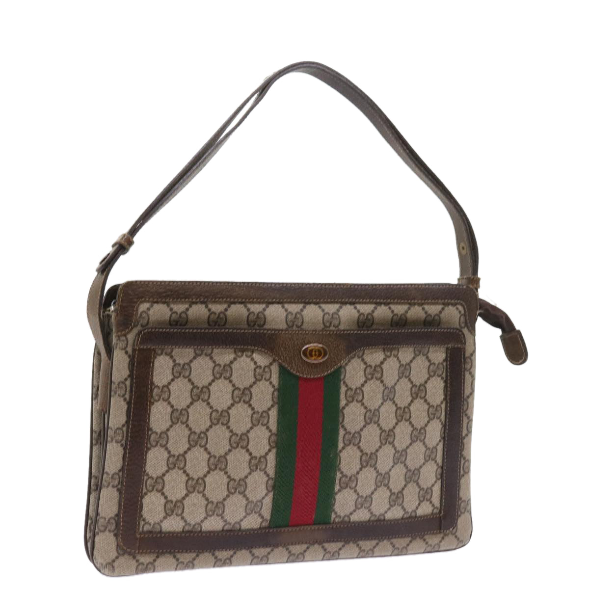 GUCCI GG Canvas Web Sherry Line Shoulder Bag PVC Leather Beige Green Auth 57310