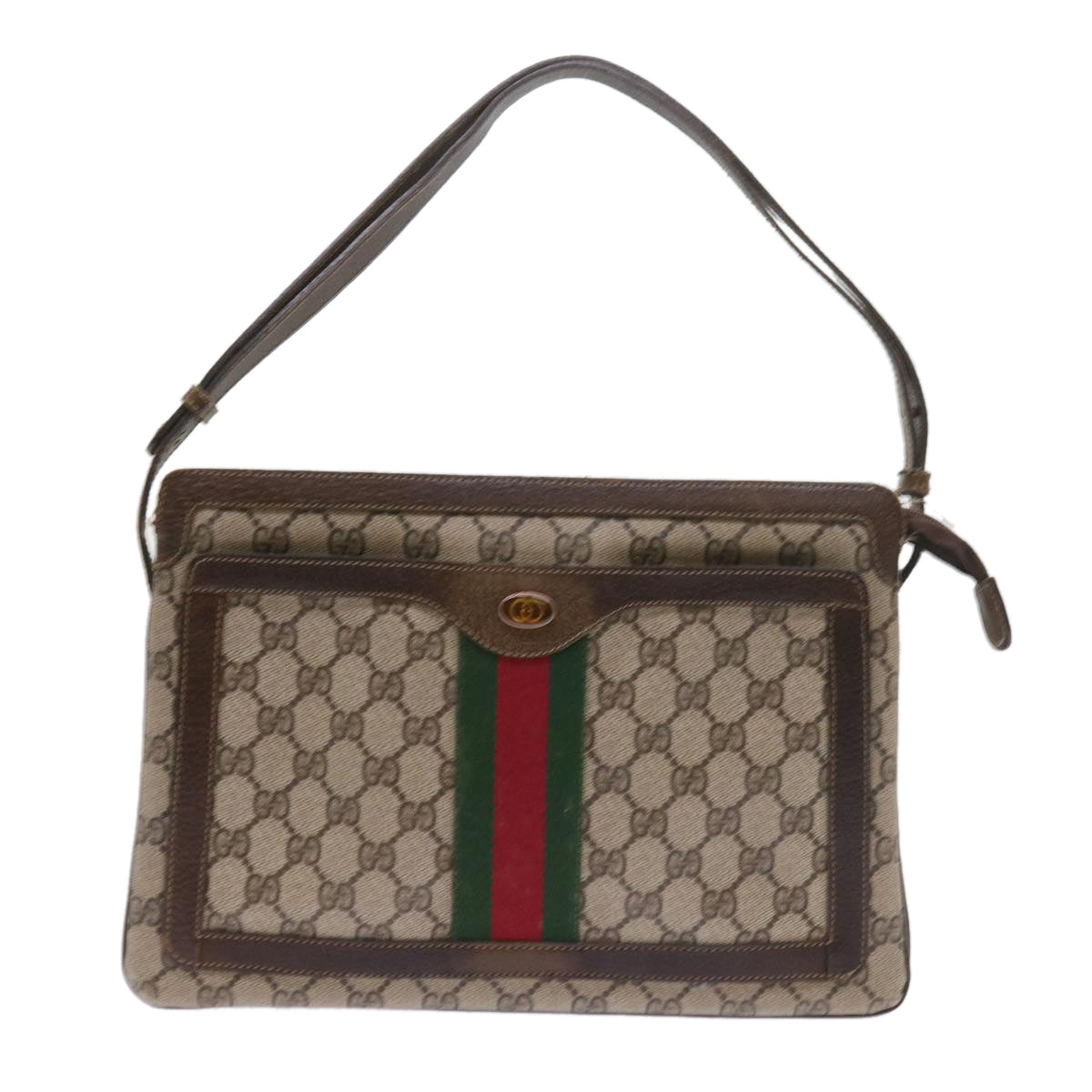 GUCCI GG Canvas Web Sherry Line Shoulder Bag PVC Leather Beige Green Auth 57310