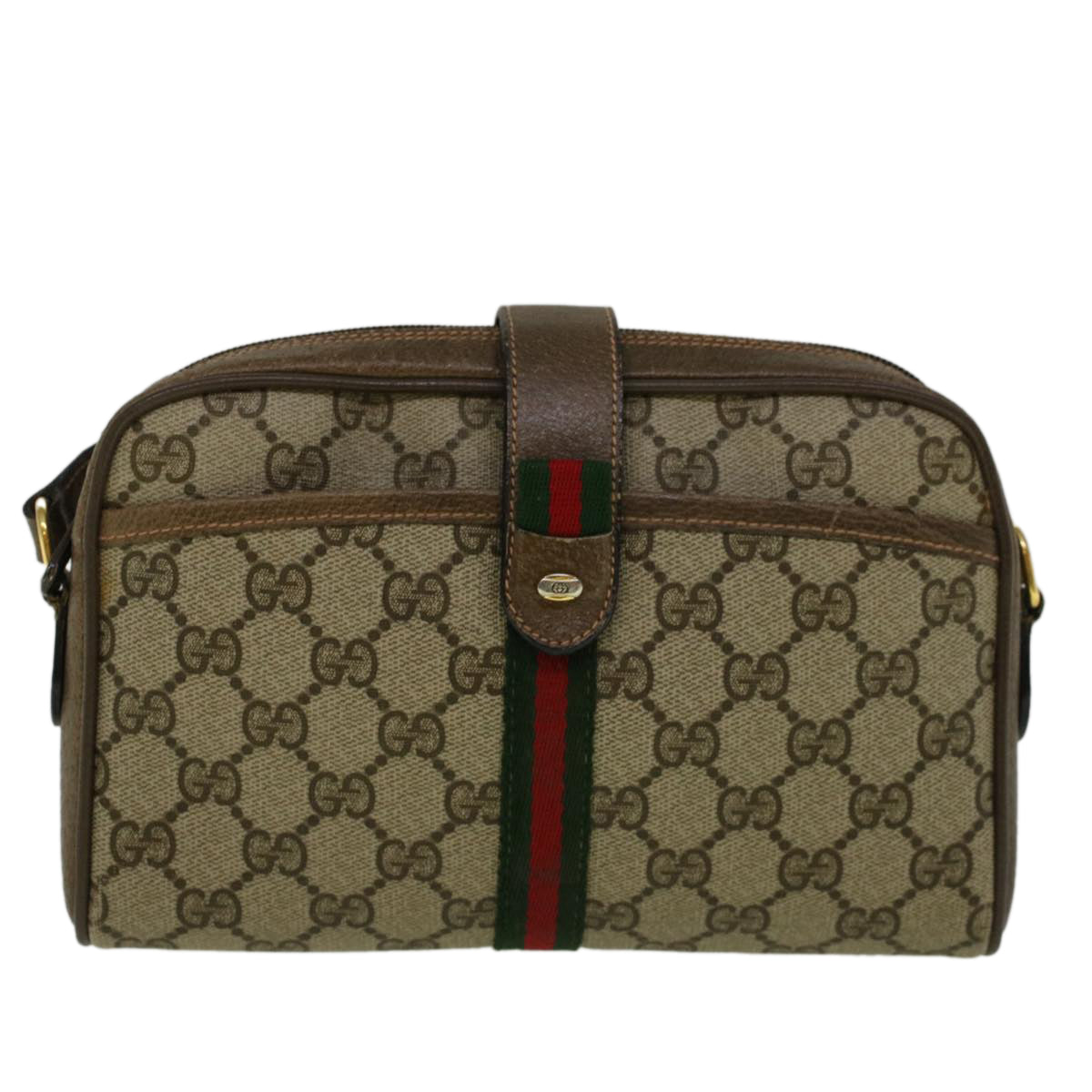 GUCCI GG Canvas Web Sherry Line Shoulder Bag PVC Leather Beige Green Auth 57313