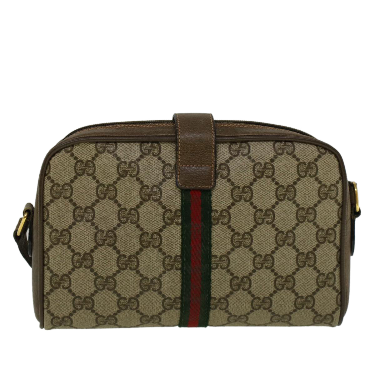 GUCCI GG Canvas Web Sherry Line Shoulder Bag PVC Leather Beige Green Auth 57313