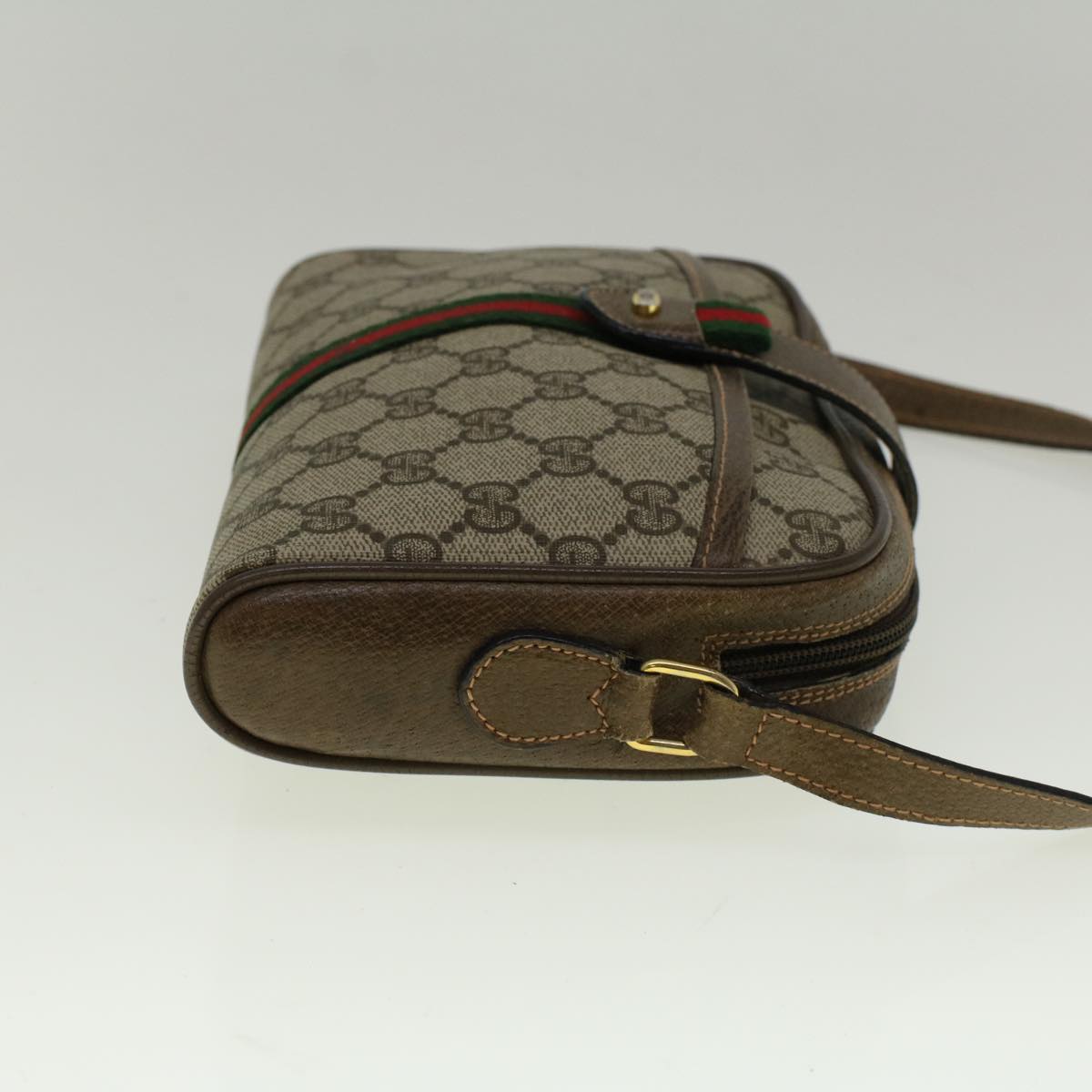 GUCCI GG Canvas Web Sherry Line Shoulder Bag PVC Leather Beige Green Auth 57313