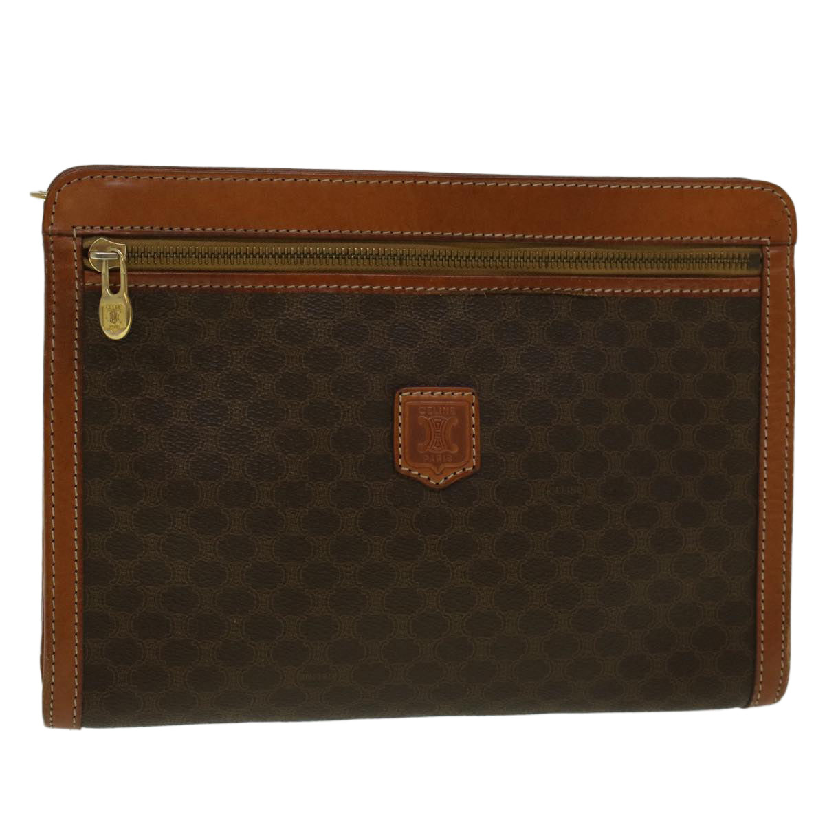 CELINE Macadam Canvas Clutch Bag PVC Leather Brown Auth 57314