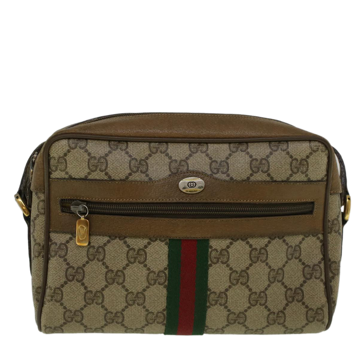 GUCCI GG Canvas Web Sherry Line Shoulder Bag PVC Leather Beige Green Auth 57329