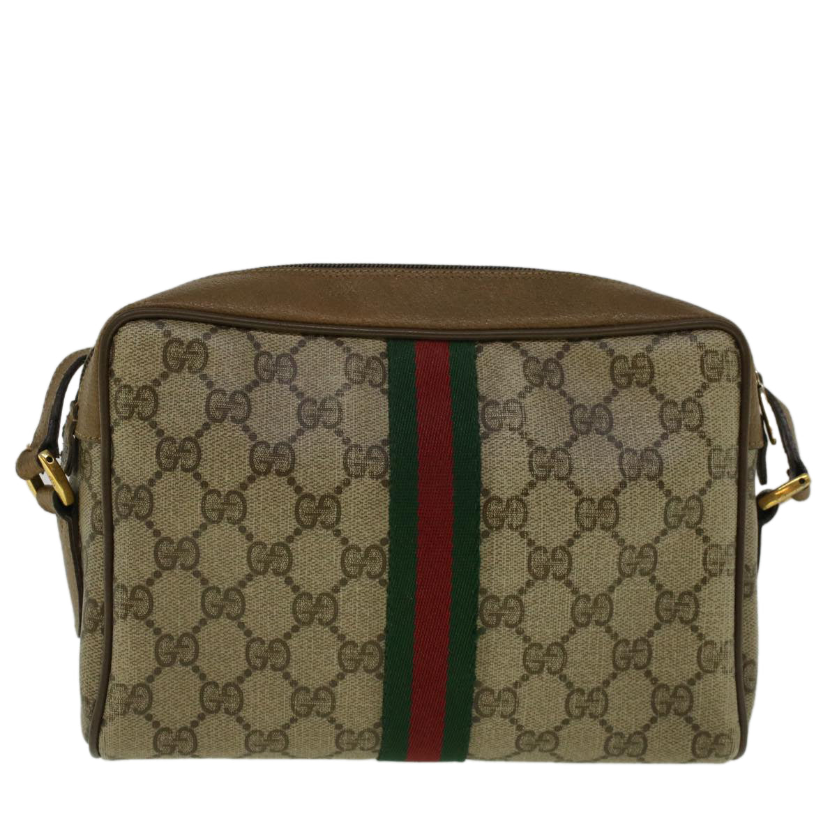 GUCCI GG Canvas Web Sherry Line Shoulder Bag PVC Leather Beige Green Auth 57329