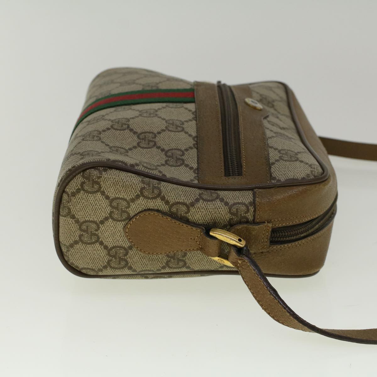 GUCCI GG Canvas Web Sherry Line Shoulder Bag PVC Leather Beige Green Auth 57329