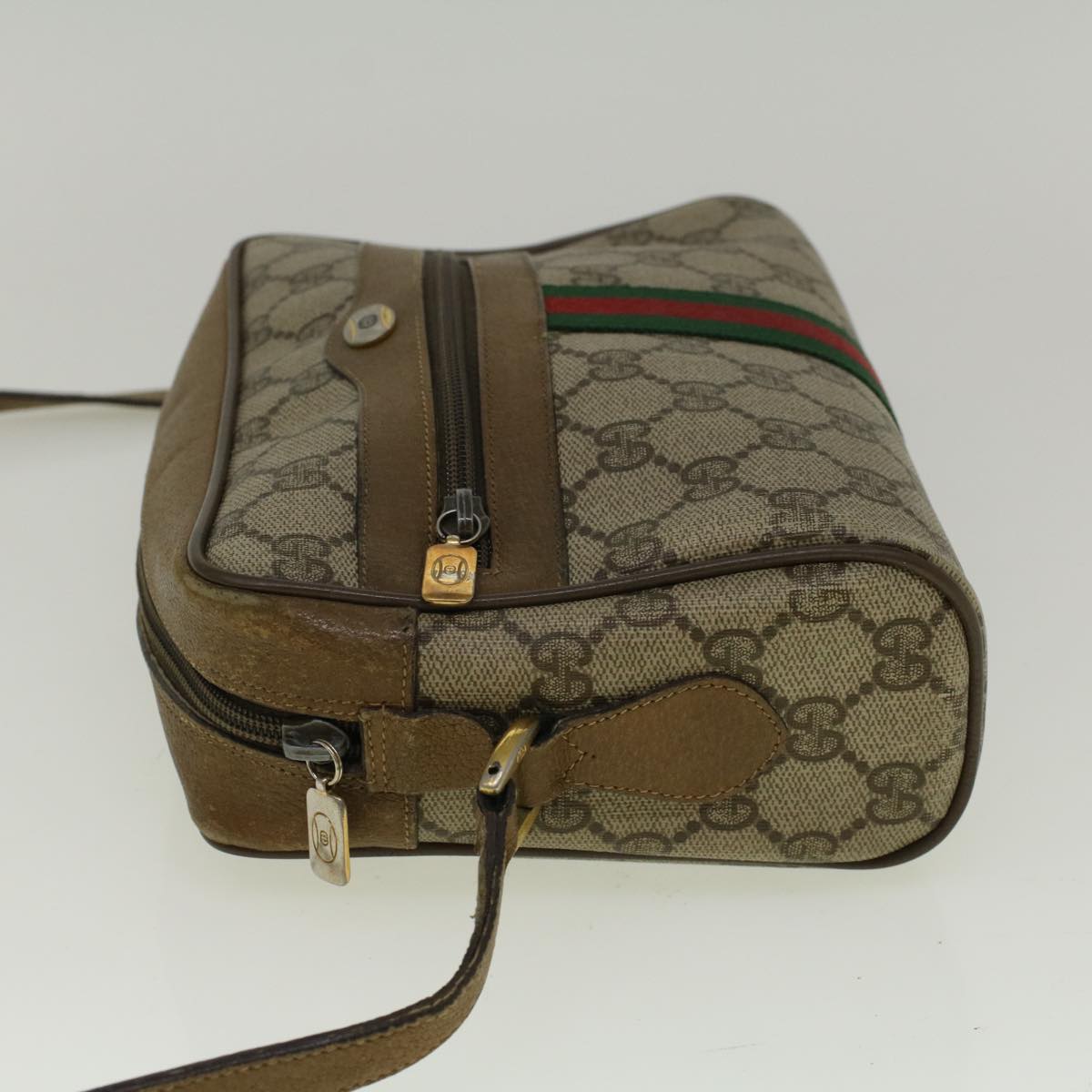 GUCCI GG Canvas Web Sherry Line Shoulder Bag PVC Leather Beige Green Auth 57329