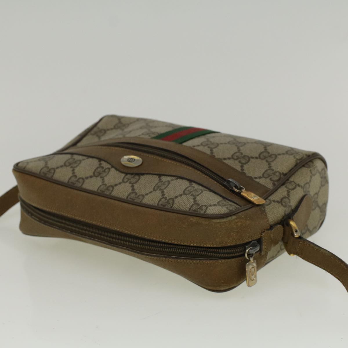 GUCCI GG Canvas Web Sherry Line Shoulder Bag PVC Leather Beige Green Auth 57329