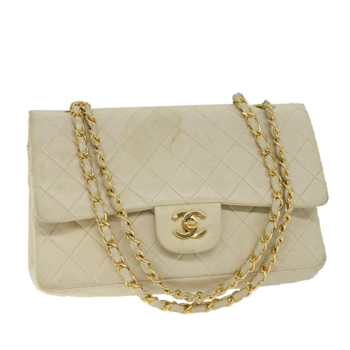 CHANEL Matelasse Turn Lock Chain Shoulder Bag Lamb Skin Beige CC Auth 57347