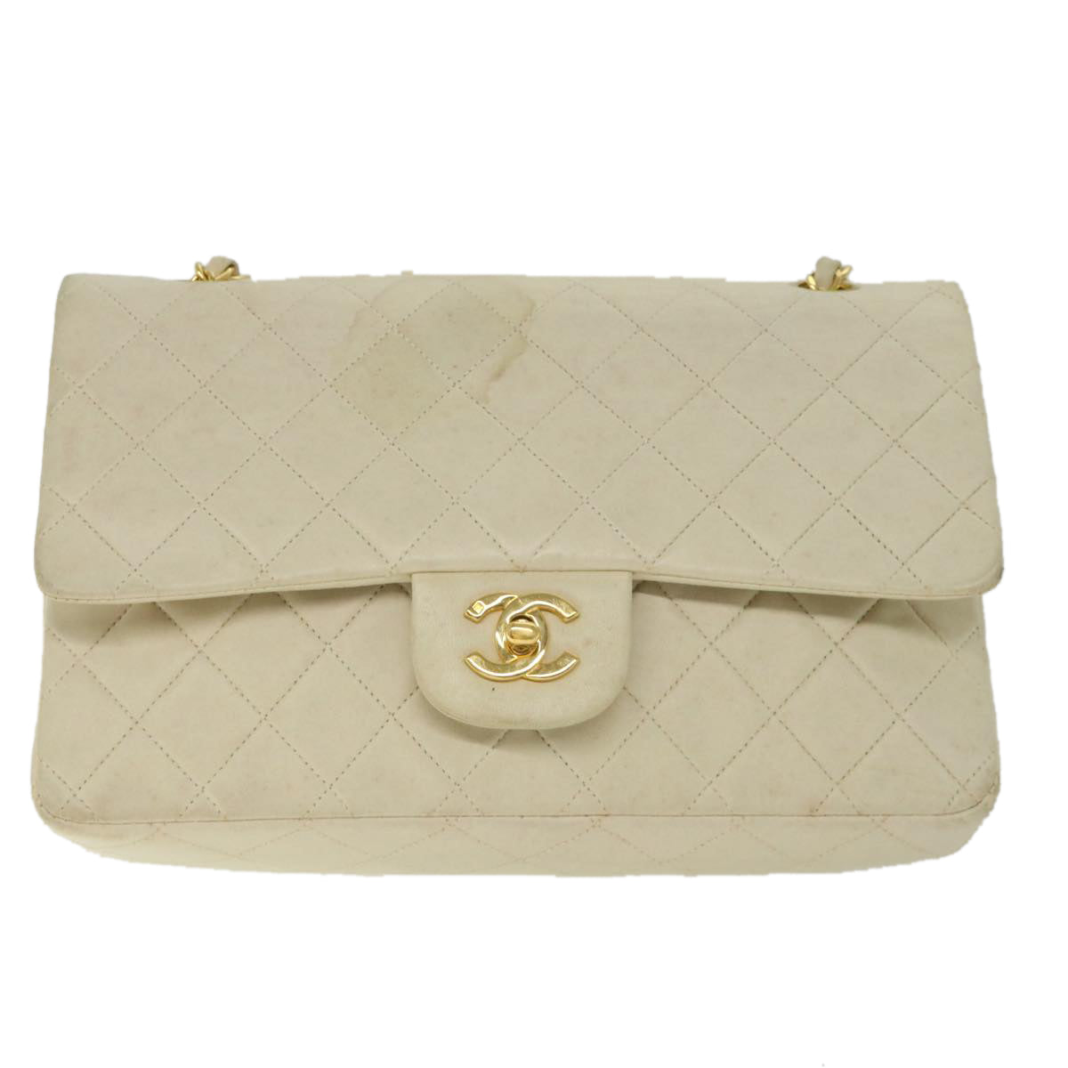 CHANEL Matelasse Turn Lock Chain Shoulder Bag Lamb Skin Beige CC Auth 57347