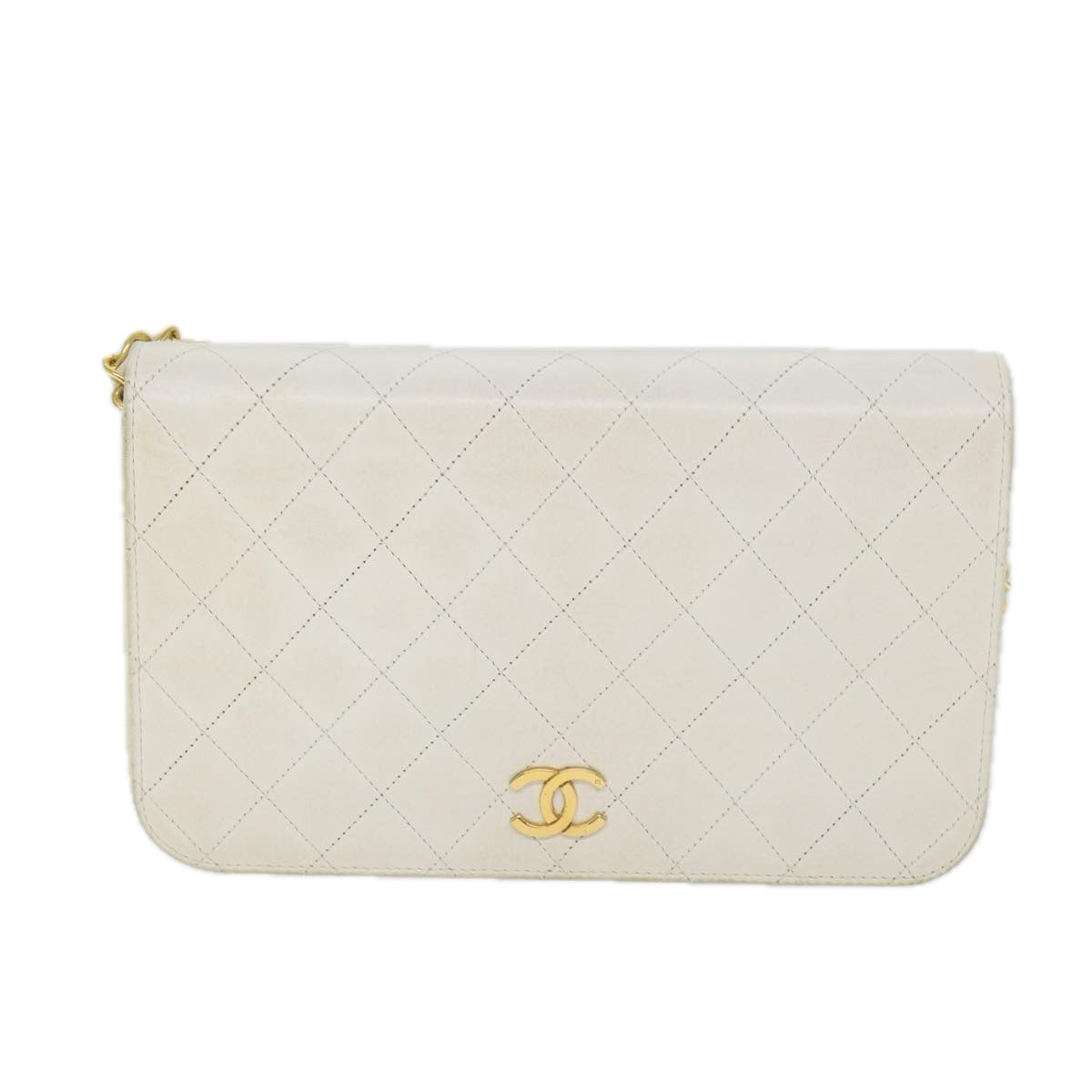 CHANEL Matelasse Chain Shoulder Bag Lamb Skin White CC Auth 57353