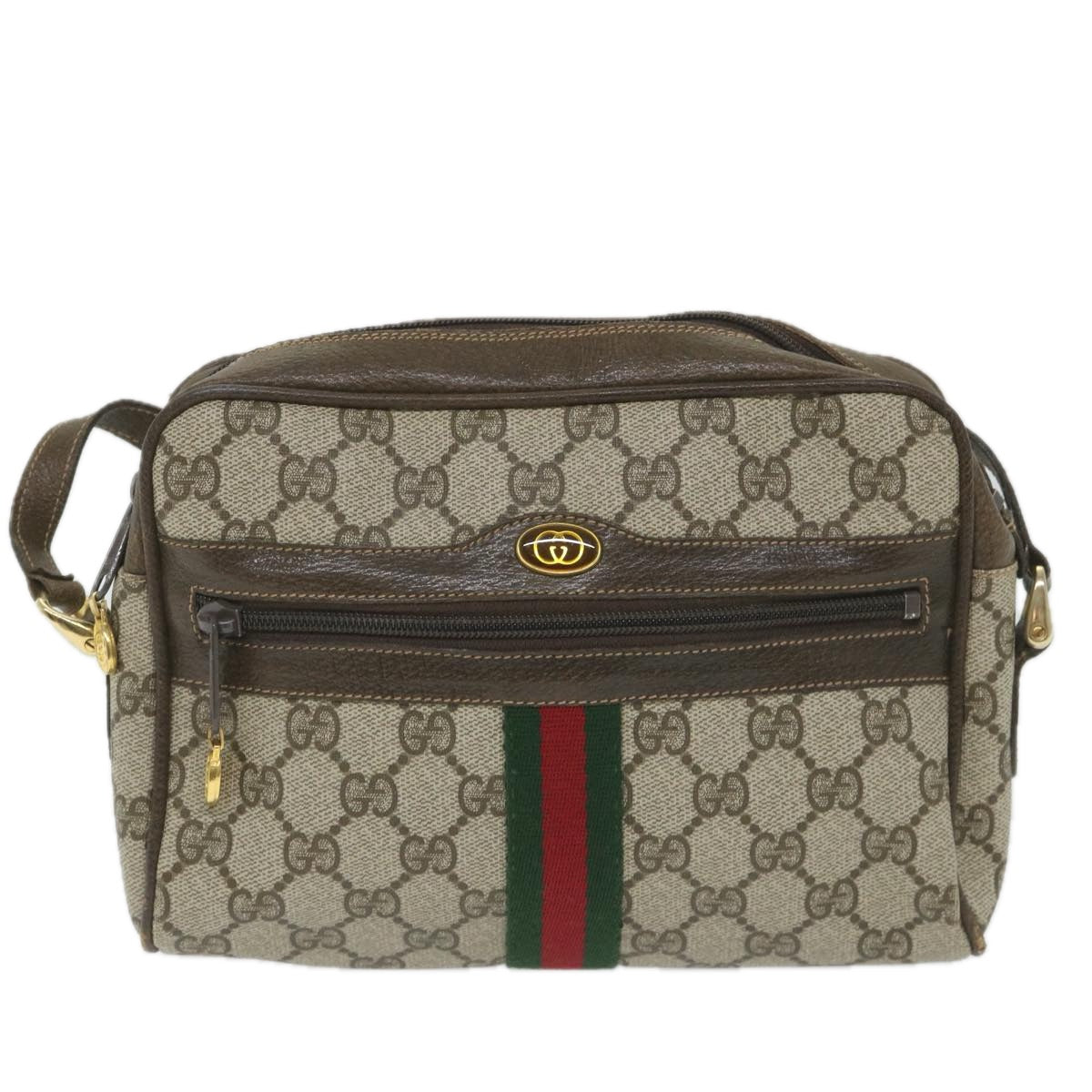 GUCCI GG Canvas Web Sherry Line Shoulder Bag PVC Leather Beige Green Auth 57363