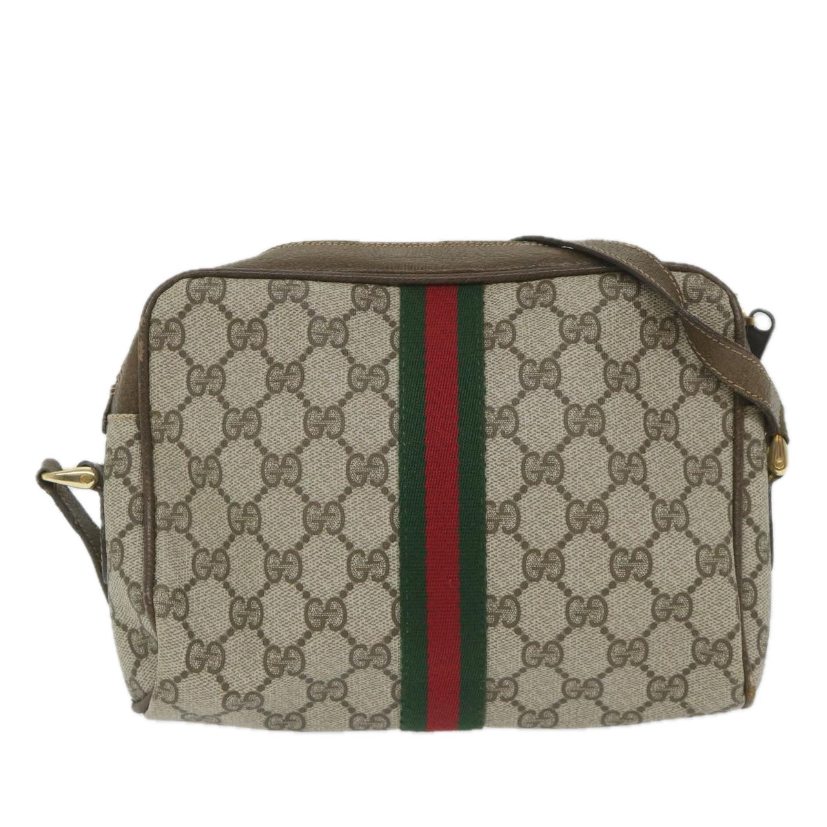 GUCCI GG Canvas Web Sherry Line Shoulder Bag PVC Leather Beige Green Auth 57363 - 0