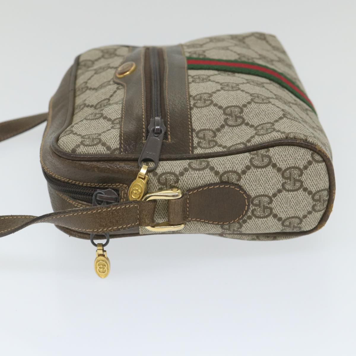 GUCCI GG Canvas Web Sherry Line Shoulder Bag PVC Leather Beige Green Auth 57363