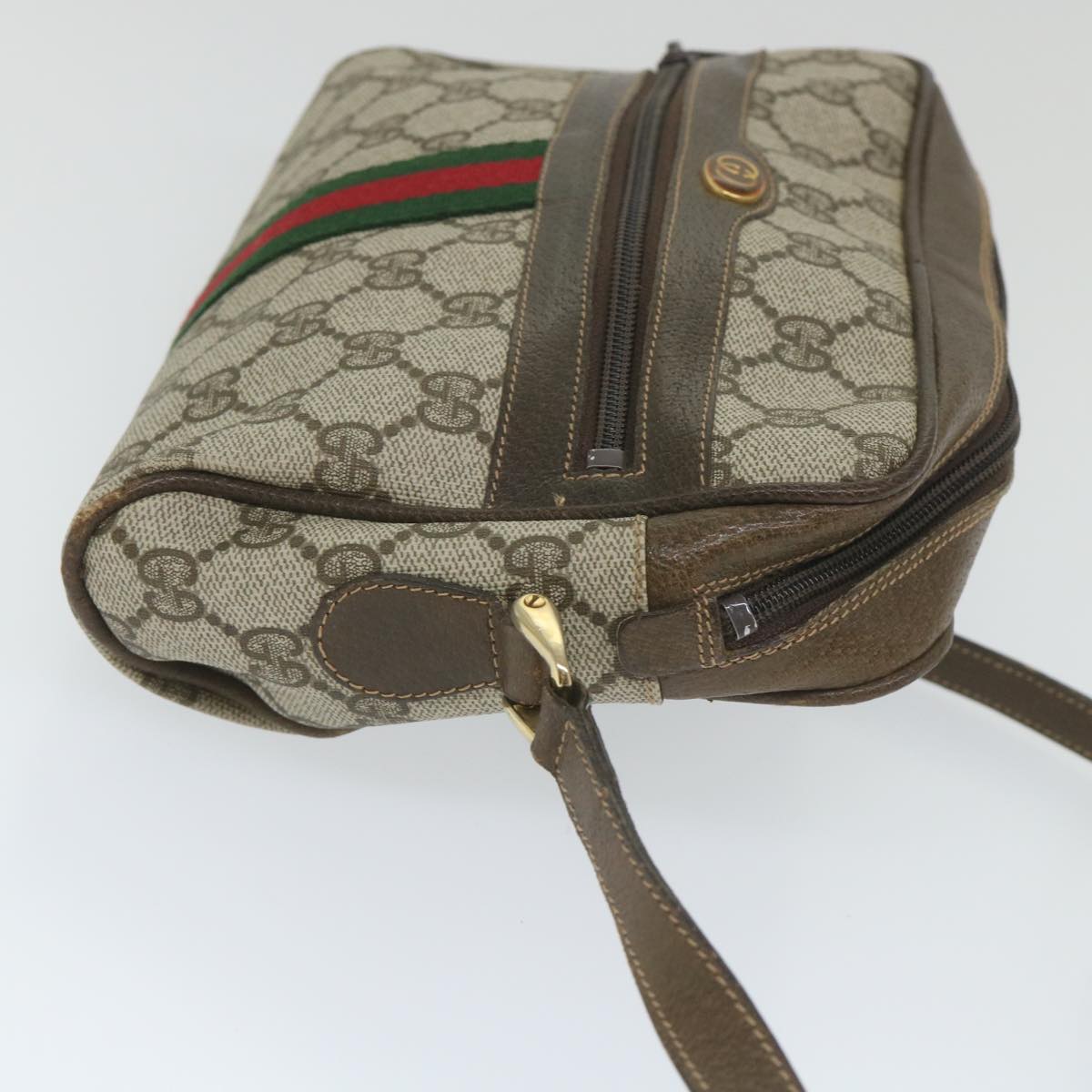 GUCCI GG Canvas Web Sherry Line Shoulder Bag PVC Leather Beige Green Auth 57363