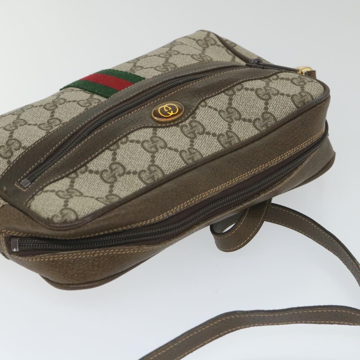 GUCCI GG Canvas Web Sherry Line Shoulder Bag PVC Leather Beige Green Auth 57363