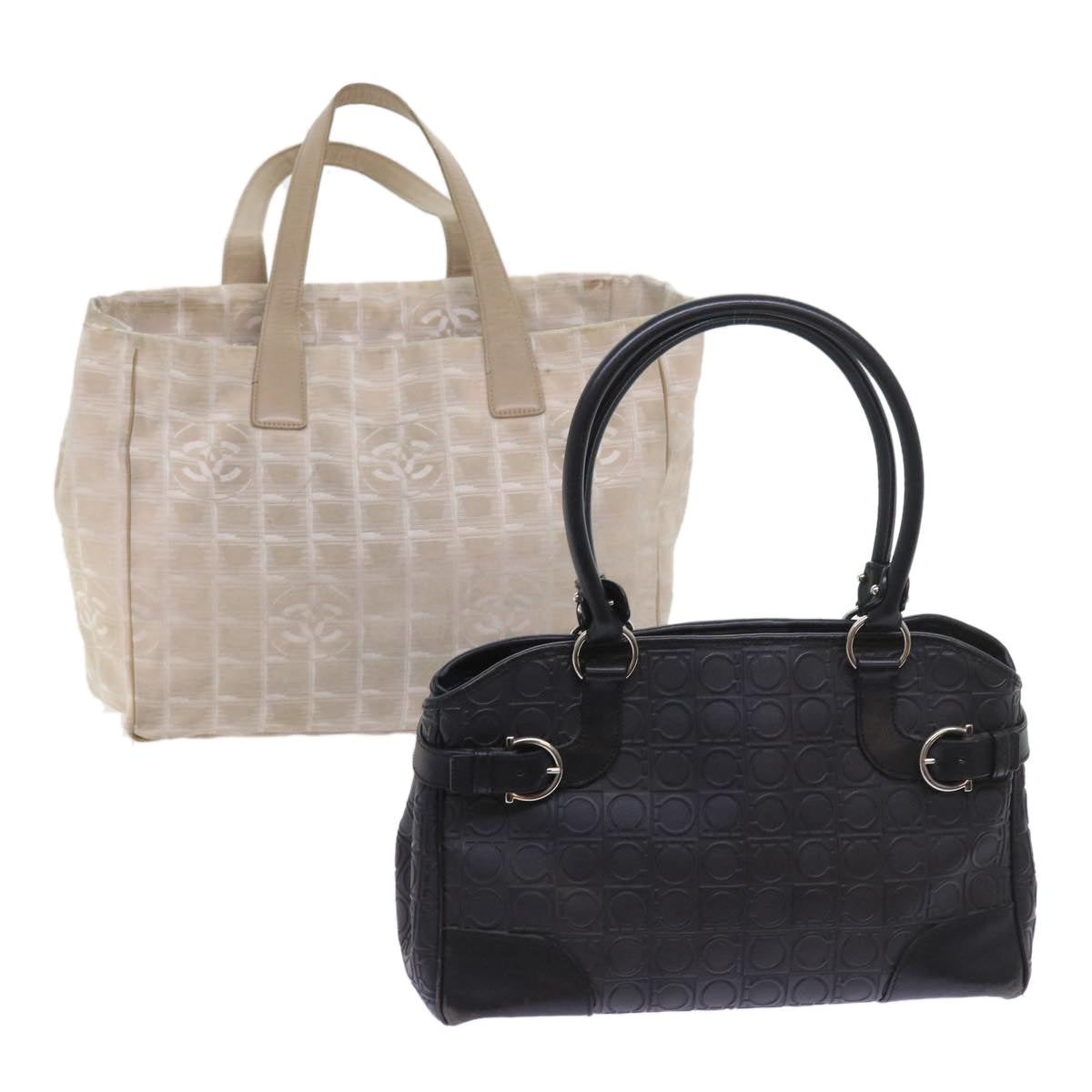 Salvatore Ferragamo Chanel Hand Bag Nylon Leather 2Set White Black Auth 57557