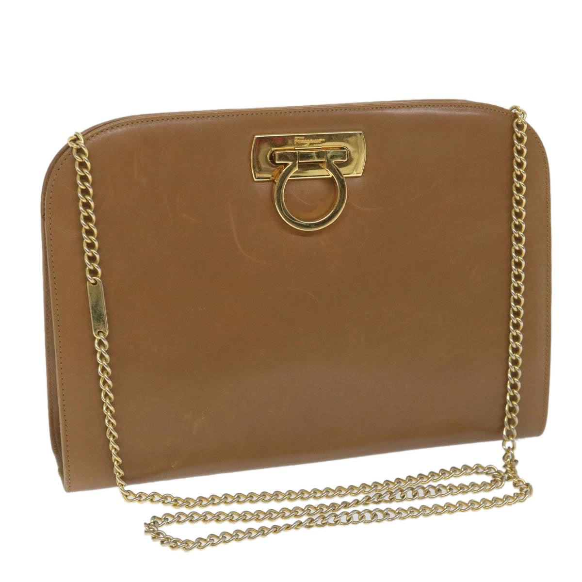 Salvatore Ferragamo Gancini Chain Shoulder Bag Leather Brown Auth 57576