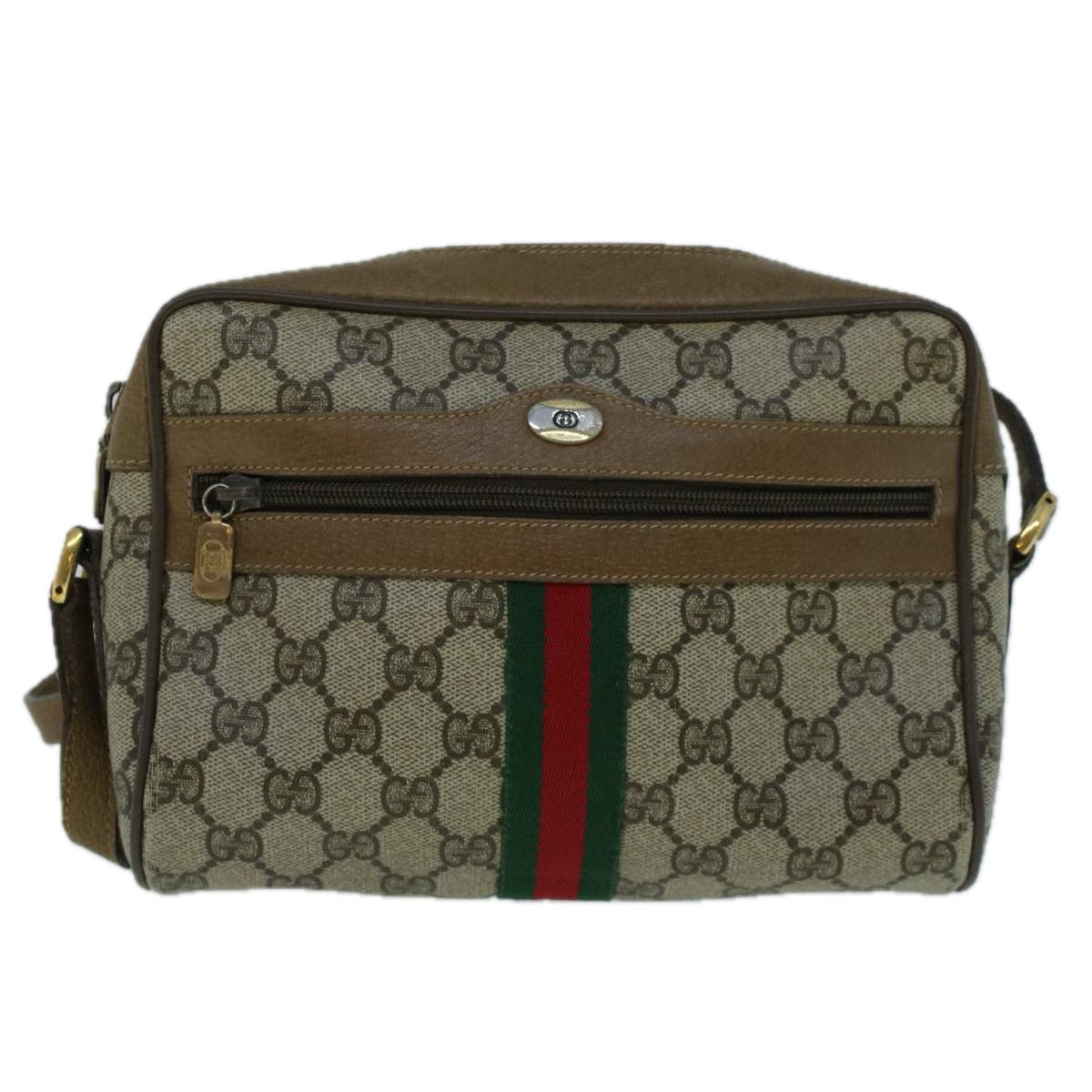 GUCCI GG Canvas Web Sherry Line Shoulder Bag PVC Leather Beige Green Auth 57622 - 0