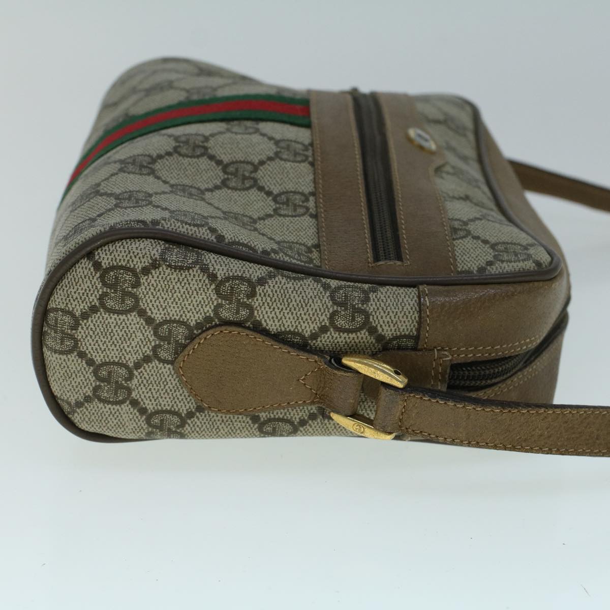 GUCCI GG Canvas Web Sherry Line Shoulder Bag PVC Leather Beige Green Auth 57622