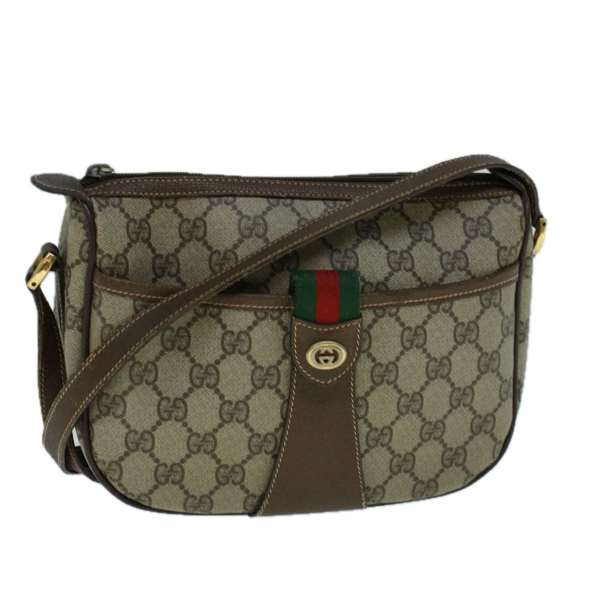 GUCCI GG Canvas Web Sherry Line Shoulder Bag PVC Leather Beige Green Auth 57673