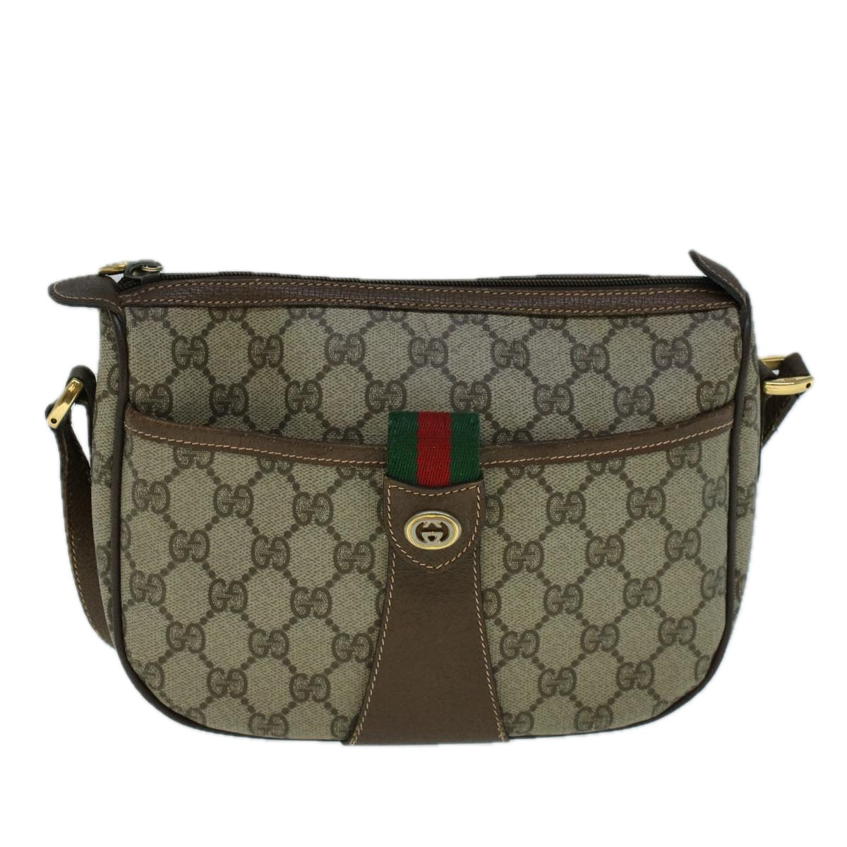 GUCCI GG Canvas Web Sherry Line Shoulder Bag PVC Leather Beige Green Auth 57673