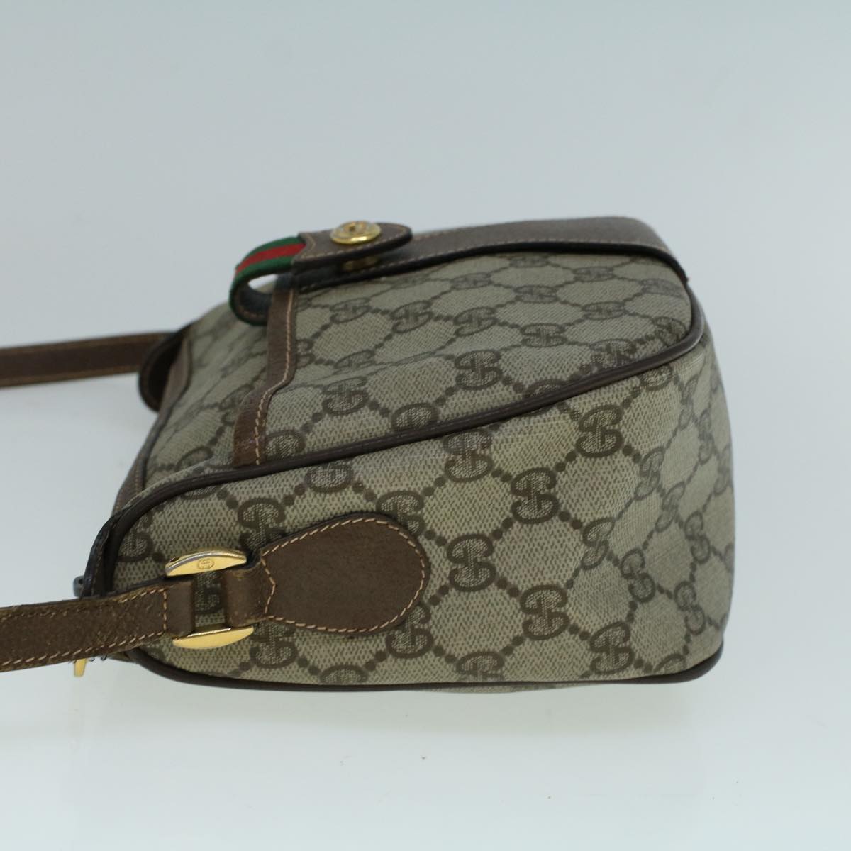 GUCCI GG Canvas Web Sherry Line Shoulder Bag PVC Leather Beige Green Auth 57673