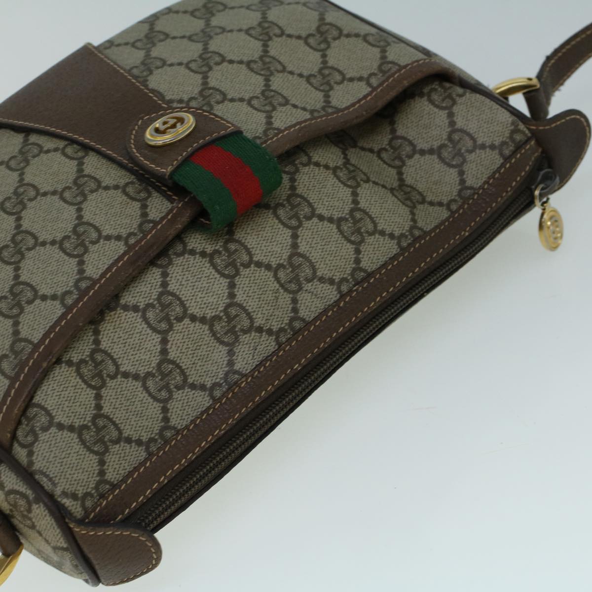 GUCCI GG Canvas Web Sherry Line Shoulder Bag PVC Leather Beige Green Auth 57673