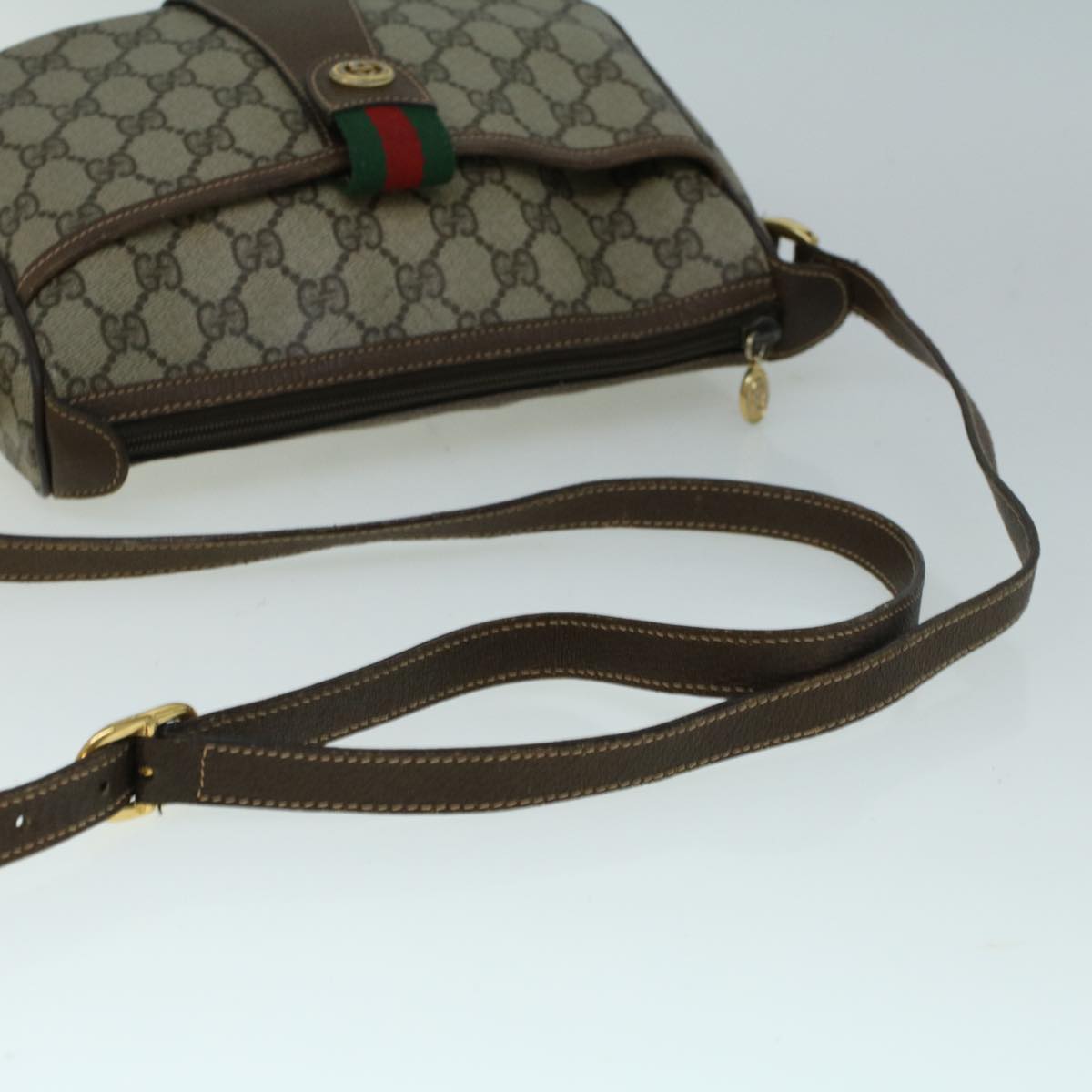 GUCCI GG Canvas Web Sherry Line Shoulder Bag PVC Leather Beige Green Auth 57673