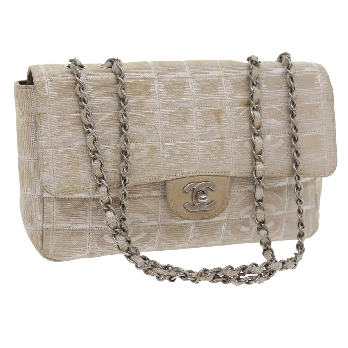 CHANEL Chain New Travel Line Shoulder Bag Nylon Beige CC Auth 57805