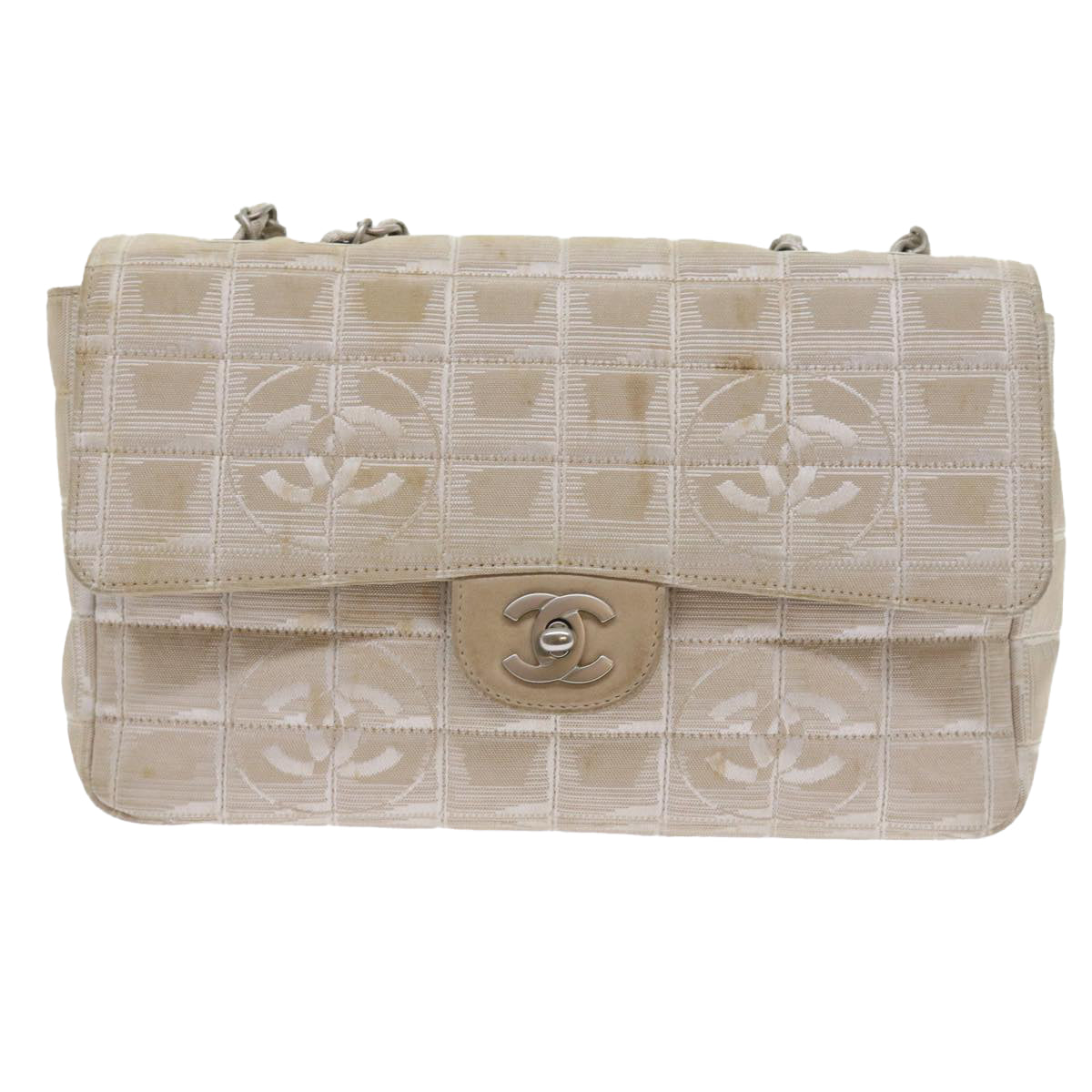 CHANEL Chain New Travel Line Shoulder Bag Nylon Beige CC Auth 57805