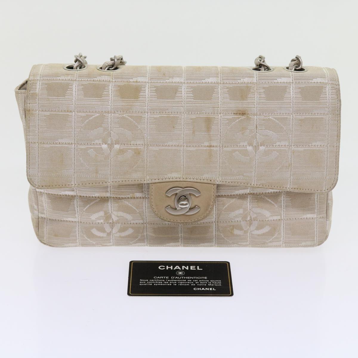 CHANEL Chain New Travel Line Shoulder Bag Nylon Beige CC Auth 57805