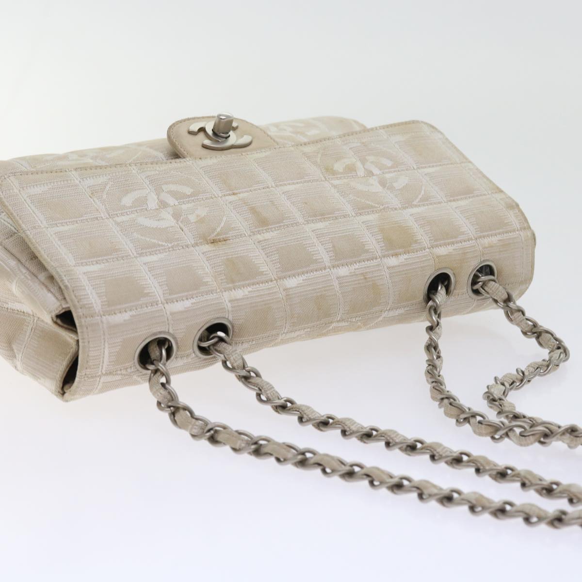 CHANEL Chain New Travel Line Shoulder Bag Nylon Beige CC Auth 57805