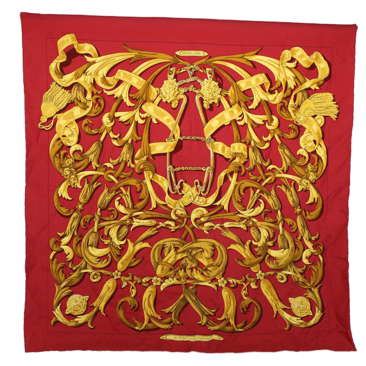 HERMES Carre 90 LE MORS A LA CONETABLE Scarf Silk Red Yellow Auth 57807