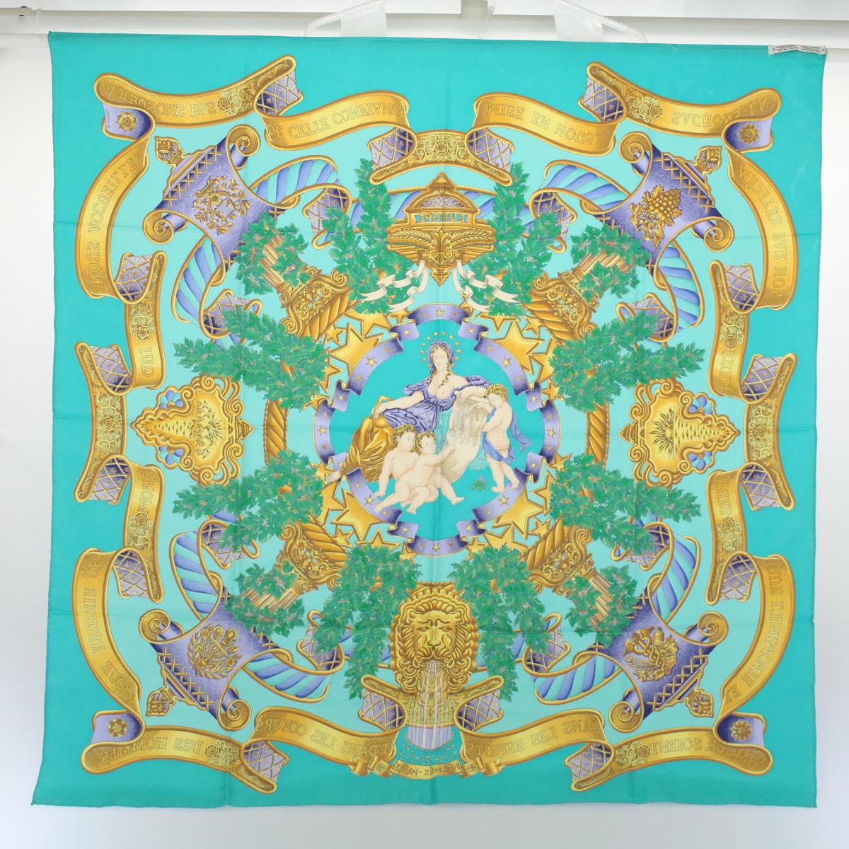 HERMES Carre 90 Europe Goddess Child Scarf Silk Turquoise Blue Auth 57808