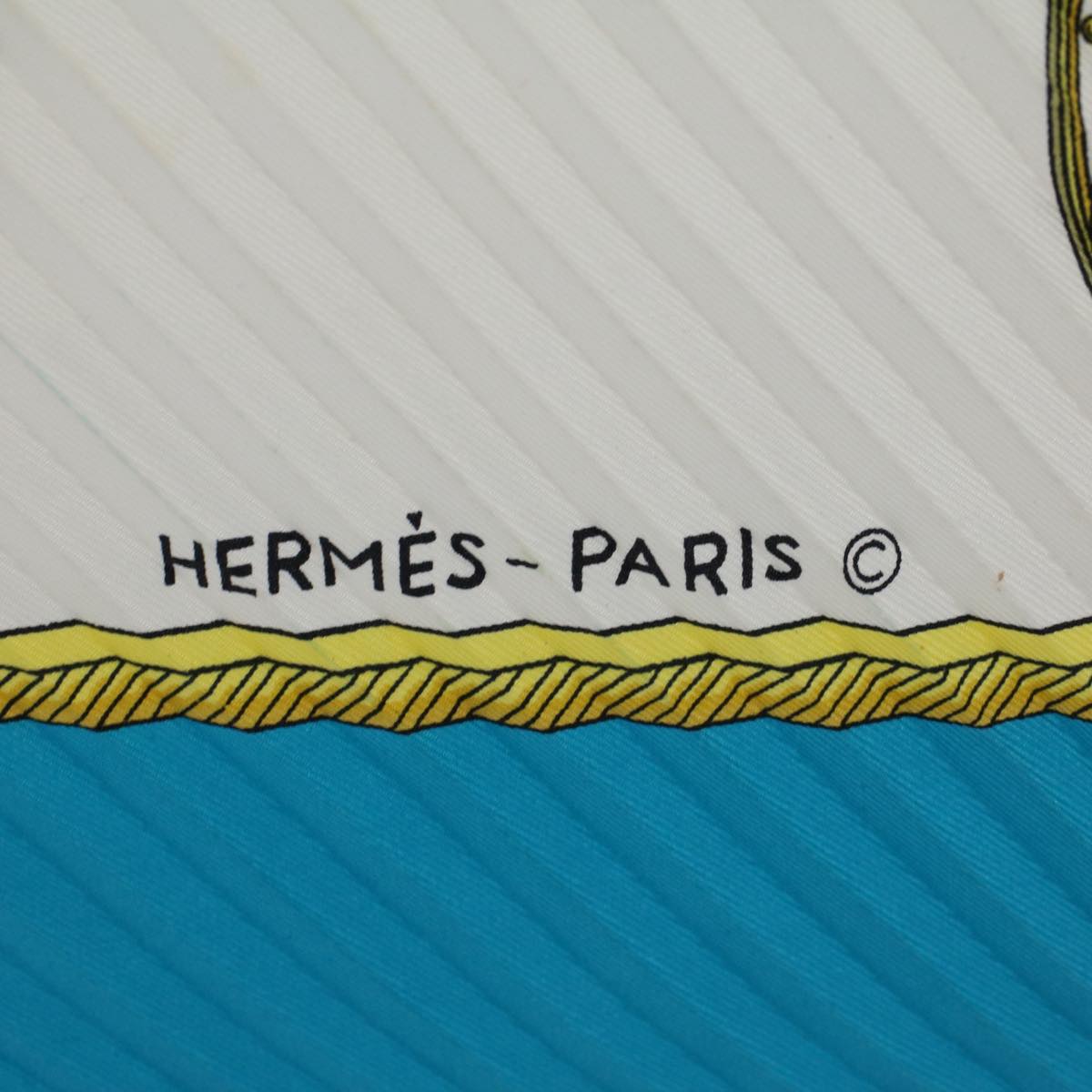 HERMES Carre Pleated Les Voitures Scarf Silk Blue Auth 57826
