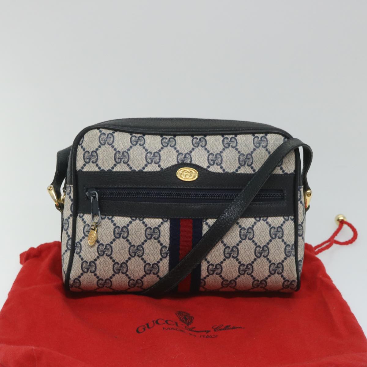 GUCCI GG Supreme Sherry Line Shoulder Bag Red Navy gray 010 378 Auth 57831