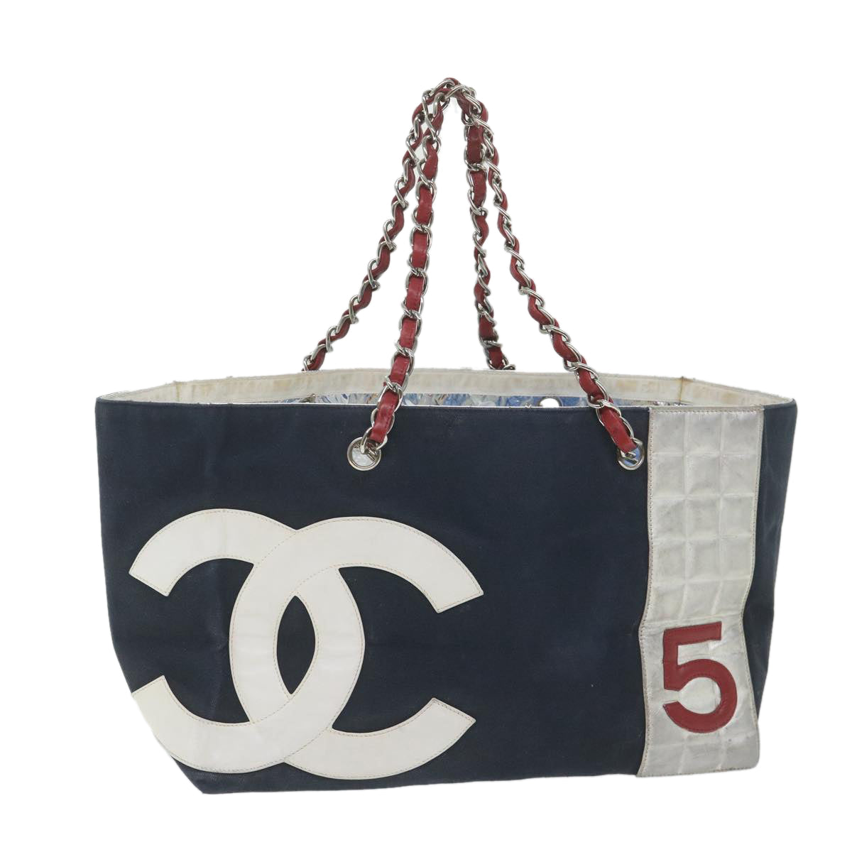 CHANEL Choco Bar Line Chain Shoulder Bag Canvas Navy CC Auth 57857A