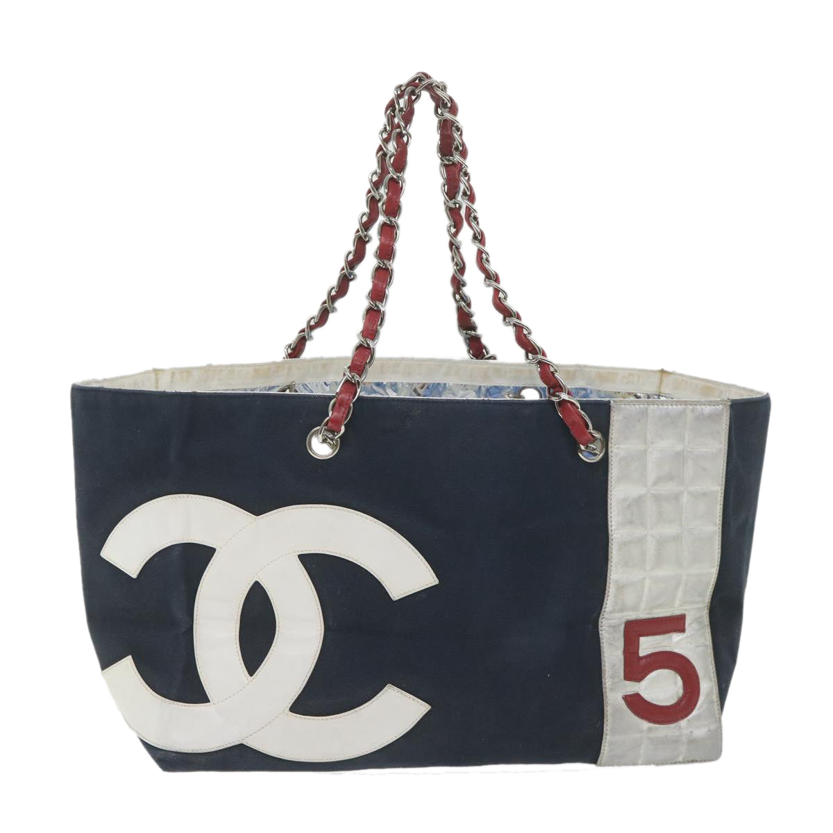 CHANEL Choco Bar Line Chain Shoulder Bag Canvas Navy CC Auth 57857A