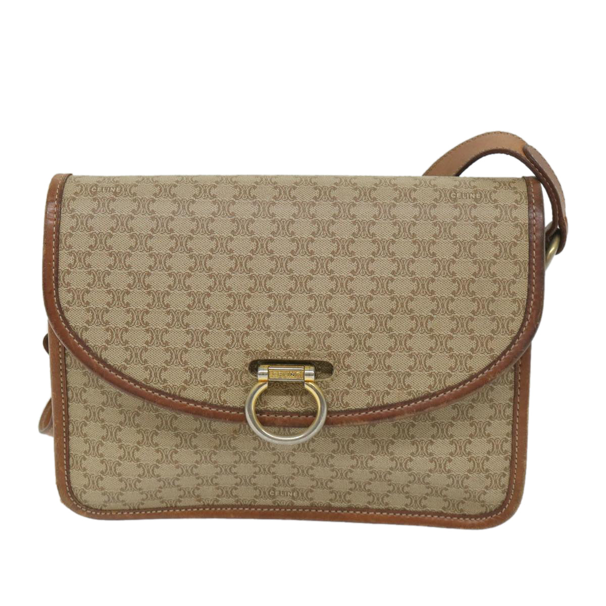 CELINE Macadam Canvas Shoulder Bag PVC Leather Beige Brown Auth 58083