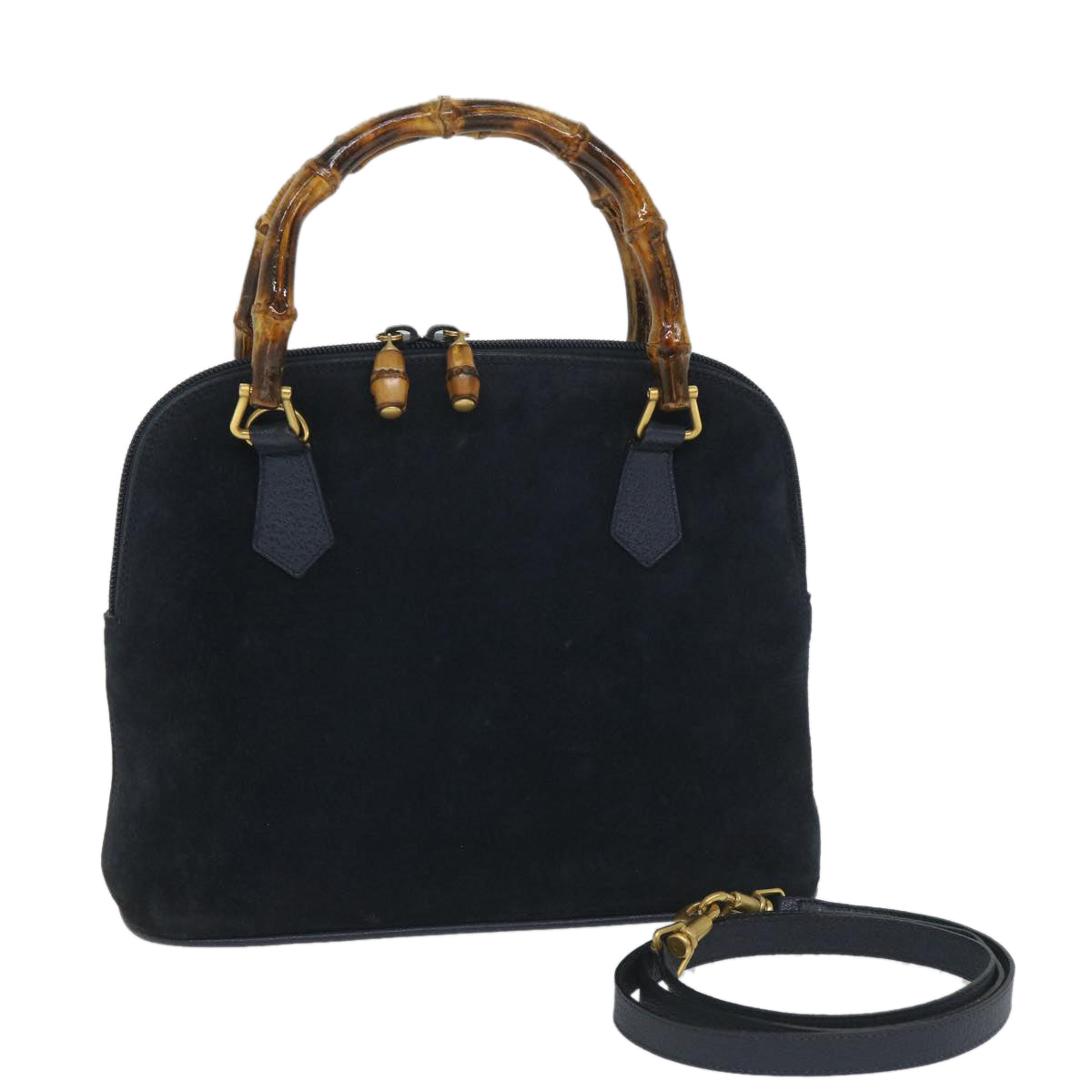 GUCCI Bamboo Shoulder Bag Suede 2way Navy Auth 58084